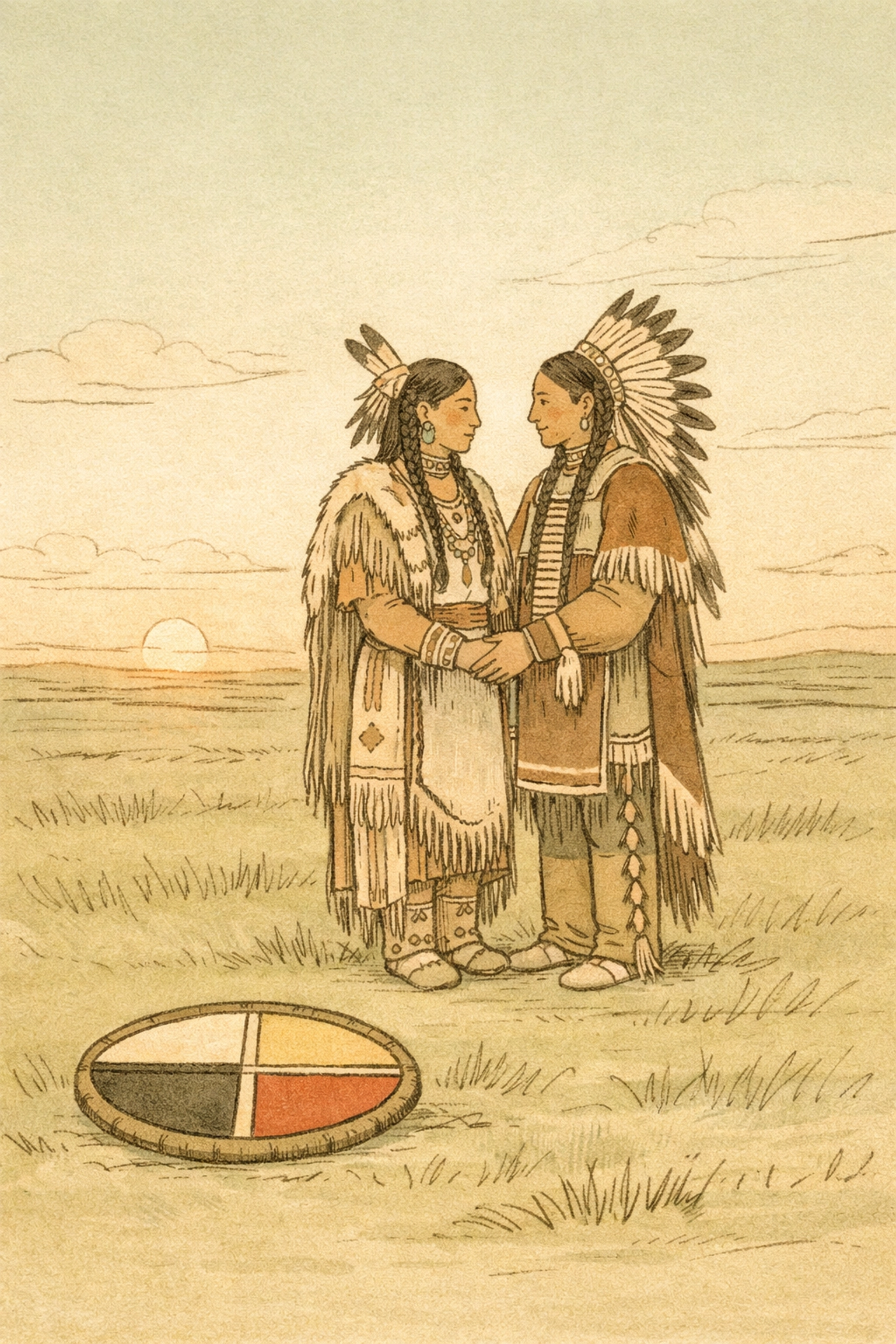 Two-Spirit individuals in traditional Plains regalia standing together on grassland with medicine wheel
