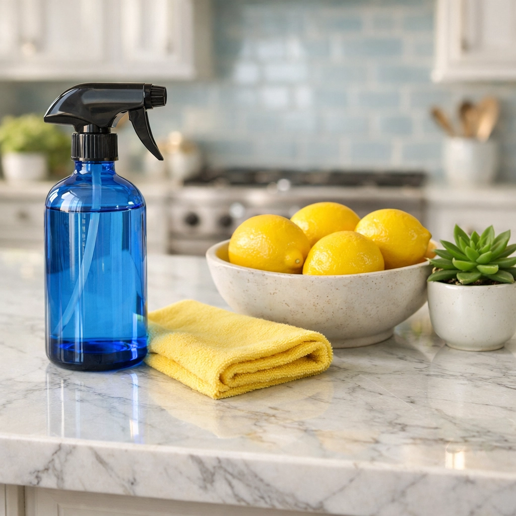 Eco-friendly house cleaning supplies on a spotless marble kitchen island in a Hudson residence.