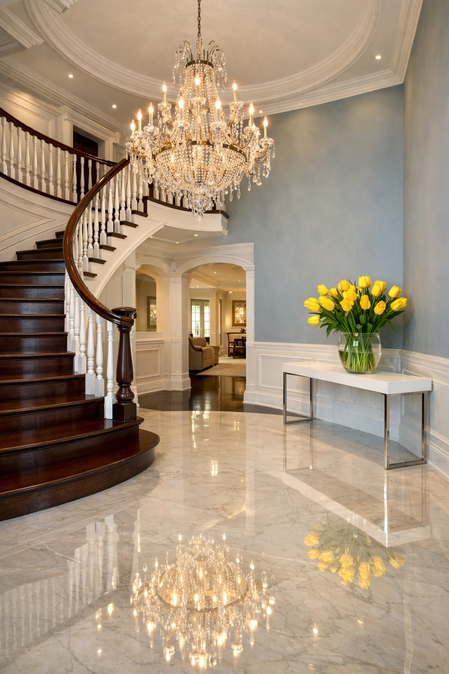 Elegant Carlisle estate foyer with reflective marble floors after a professional move-in cleaning.