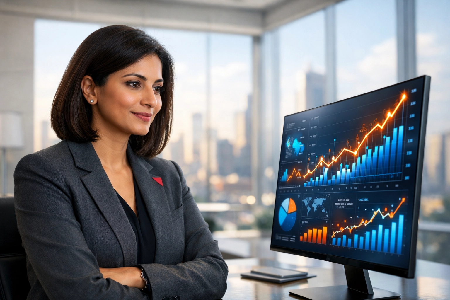 A CIO monitoring platform modernization ROI and cloud spend efficiency on a digital dashboard.