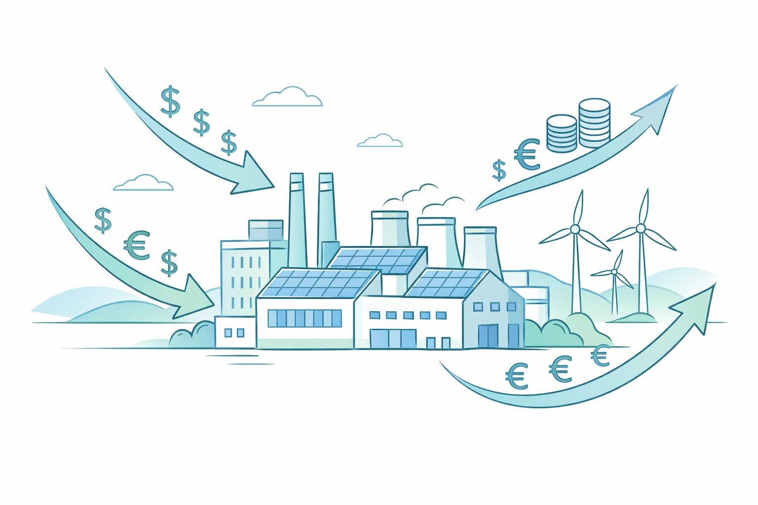 Industrial facility with renewable energy infrastructure and clean energy investment flows
