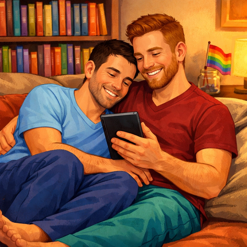 A gay couple in scrubs cuddling on a sofa while reading an MM romance book together on an e-reader.