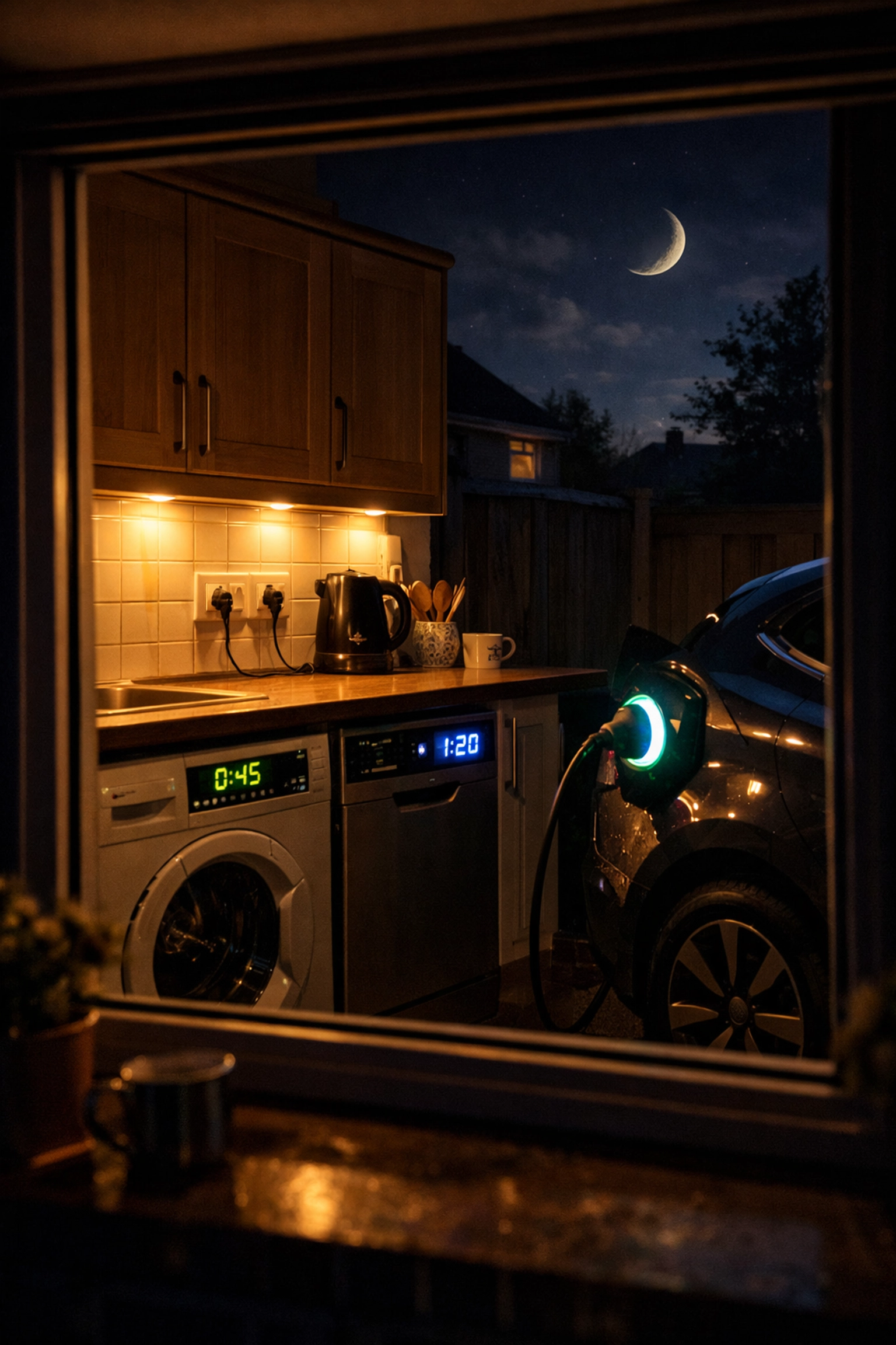 Kitchen appliances running overnight on off-peak electricity with EV charging