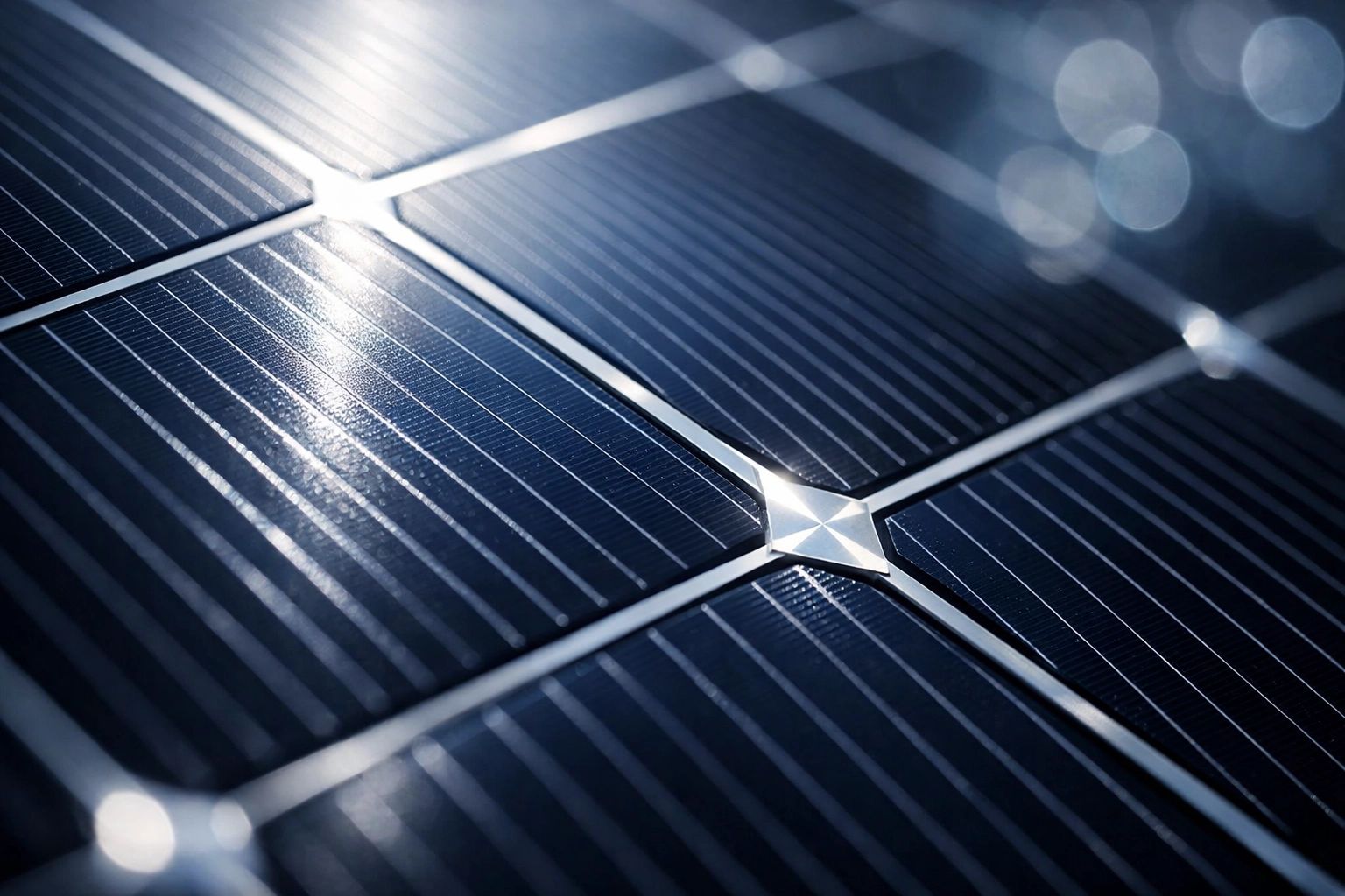 Gros plan sur la surface d'un panneau solaire monocristallin reflétant la lumière du soleil.
