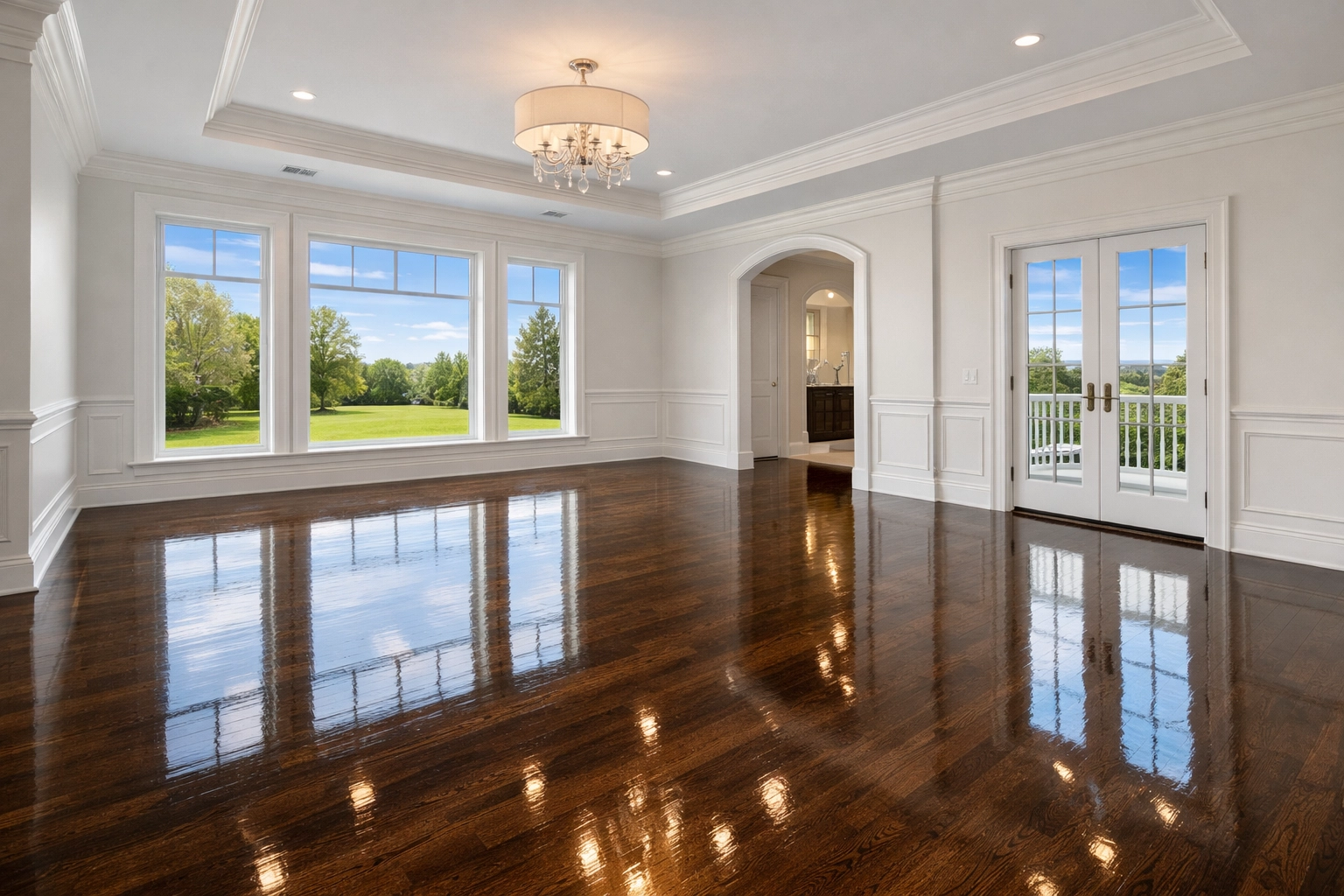 Pristine empty luxury suite featuring polished hardwood floors from a residential cleaning Massachusetts service.