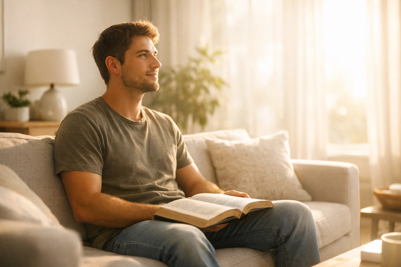 Young man studying the Bible in a sunlit room, experiencing the promise of the Holy Spirit.