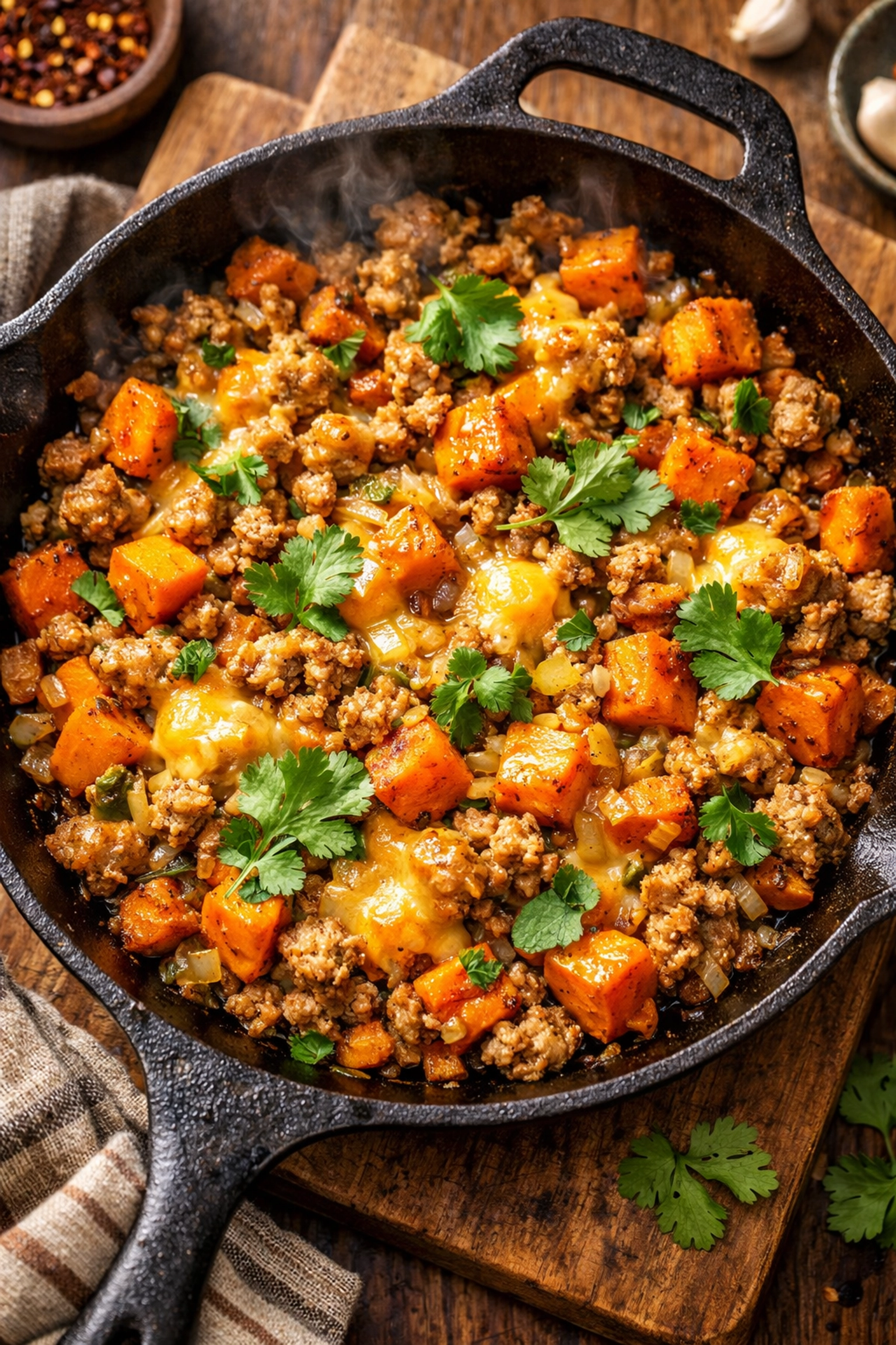 Easy weeknight dinner: ground turkey sweet potato skillet with melted cheddar cheese