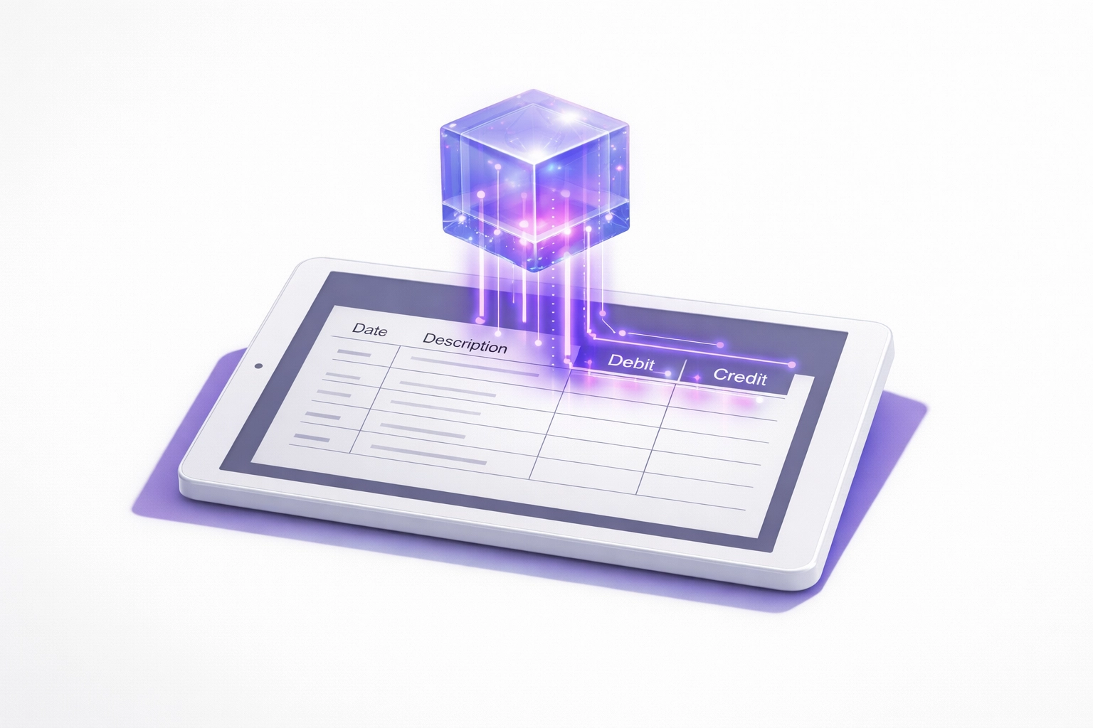 Digital tablet showing AI for bookkeeping automatically syncing data into a cloud accounting ledger.