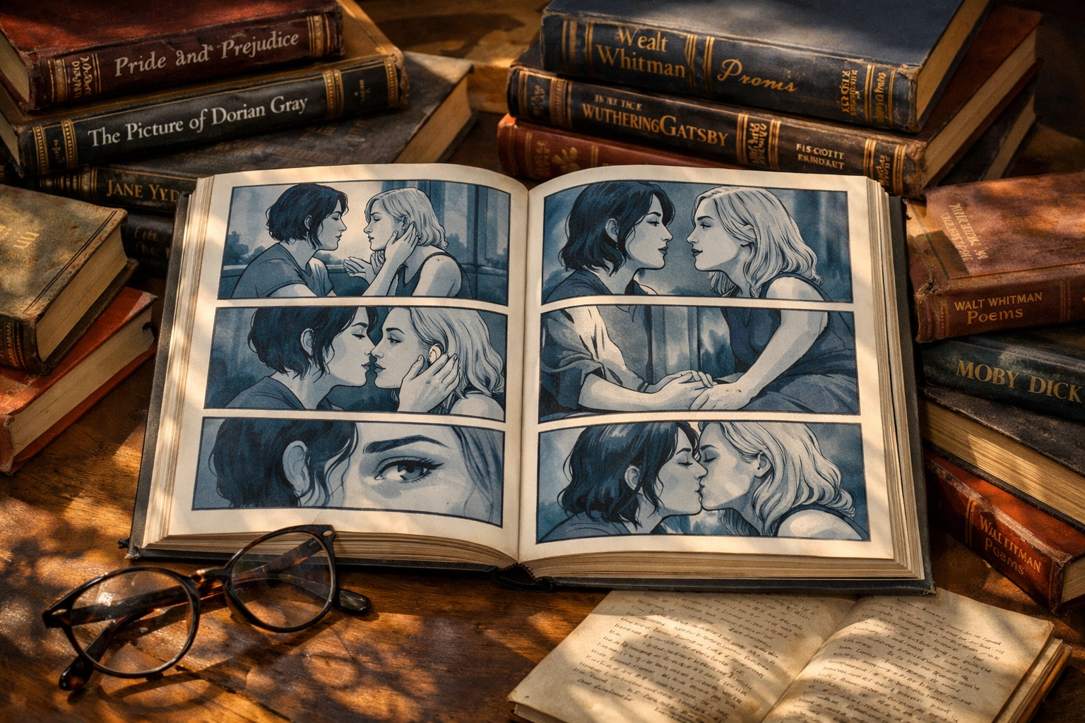Open Fun Home graphic novel with lesbian characters surrounded by classic literature books
