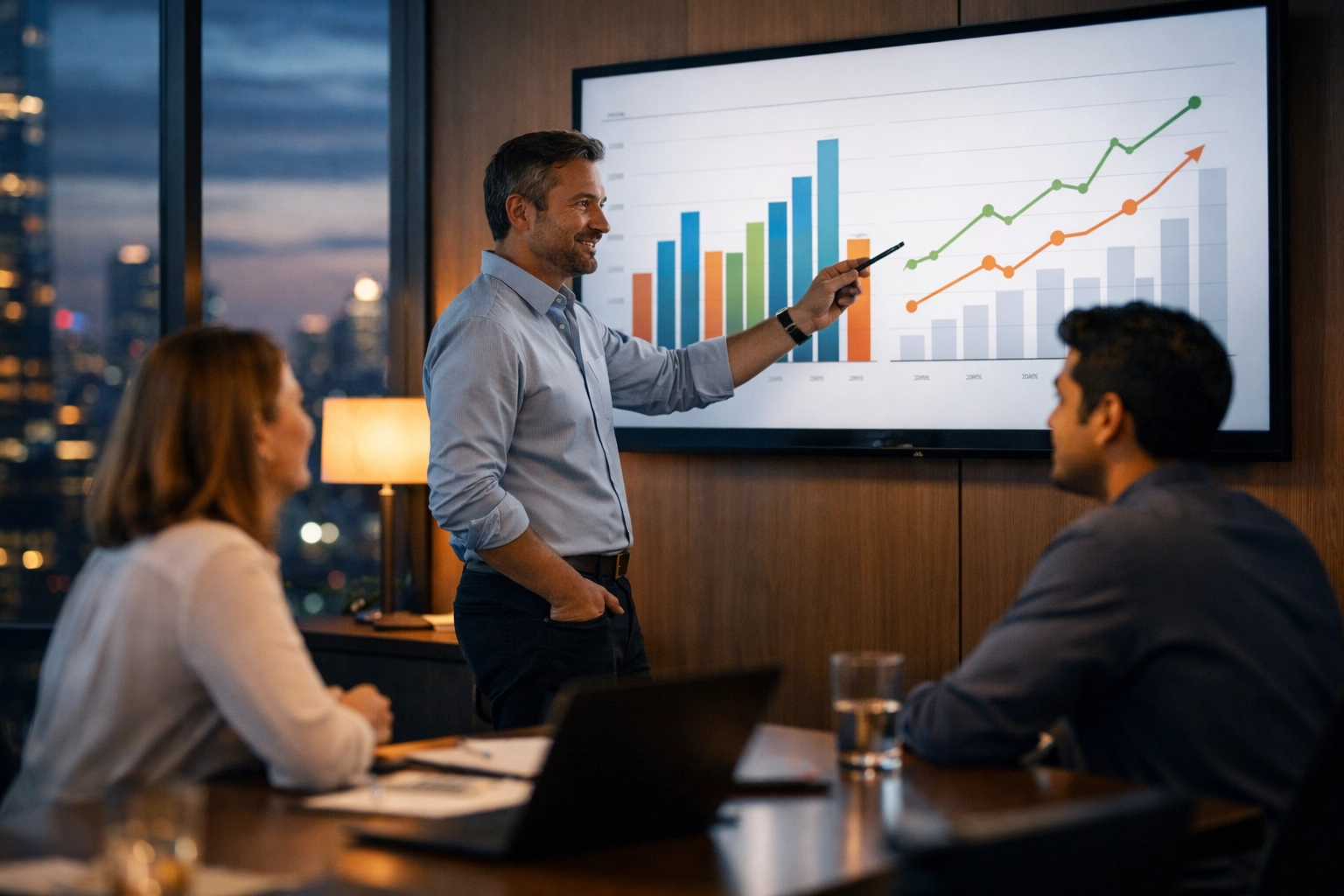 Consultants reviewing data analytics for measurable growth within the Dakdan Worldwide media framework.