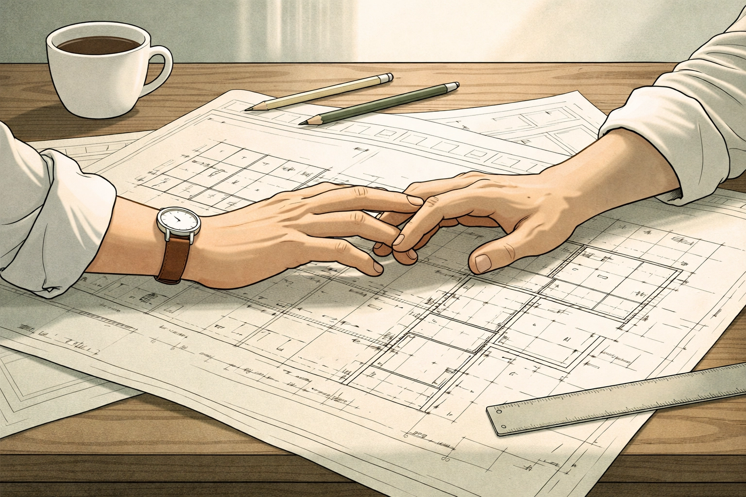 Two men's hands reach across blueprints on a table, symbolizing new beginnings and emotional rebuilding in this second-chance gay romance.