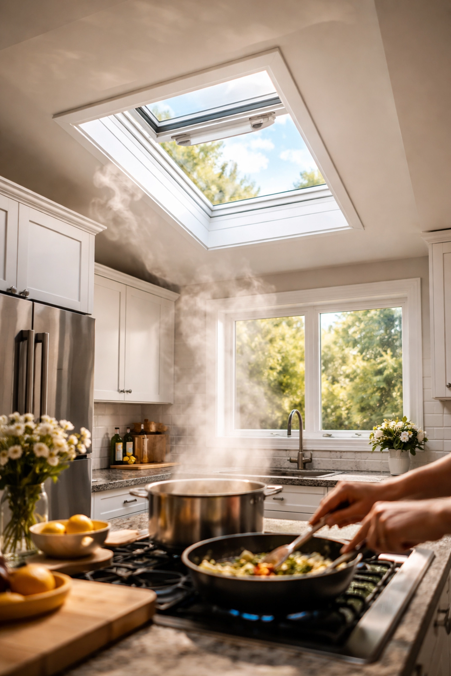 Modern Charlotte kitchen with venting skylight open, bright natural light illuminating the space during cooking.