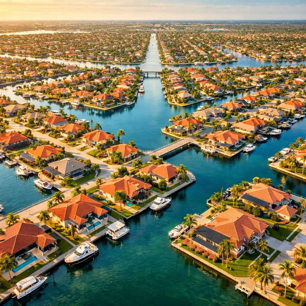 Aerial view of Cape Coral's canal system showing four quadrants with waterfront homes and boats