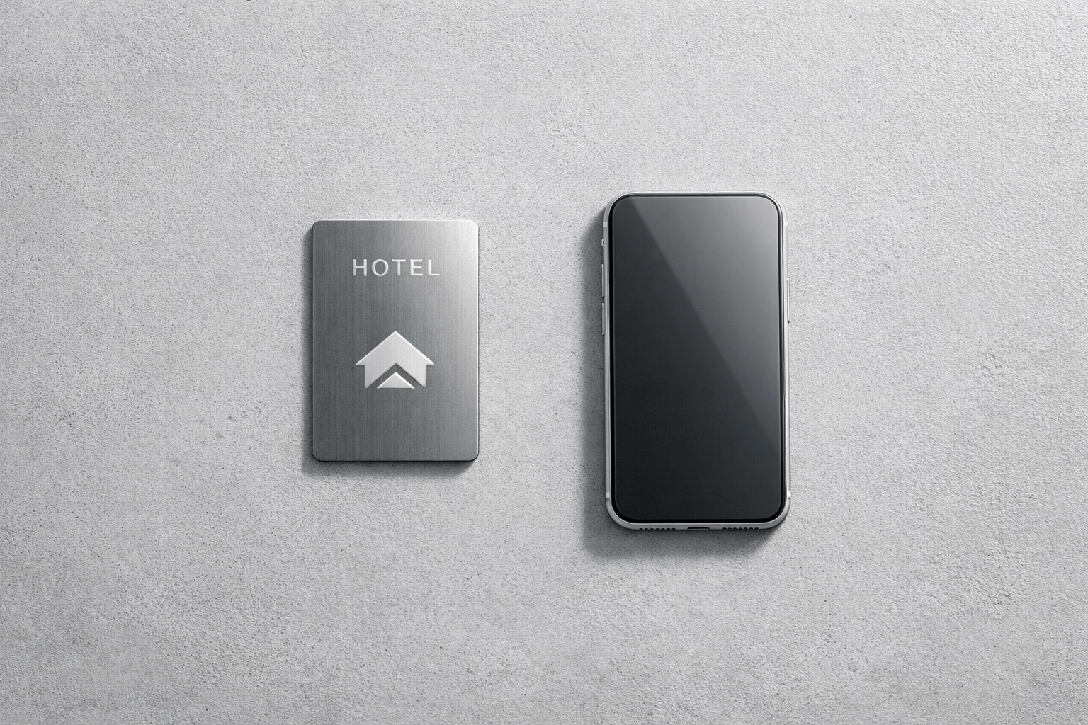 Minimalist digital check-in setup with a hotel key card and smartphone.