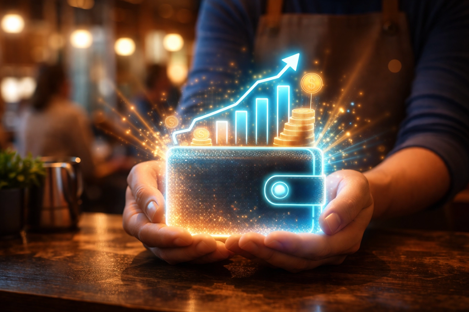 Small business owner holding a glowing crypto wallet, highlighting Larecoin's secure and profitable payment solution