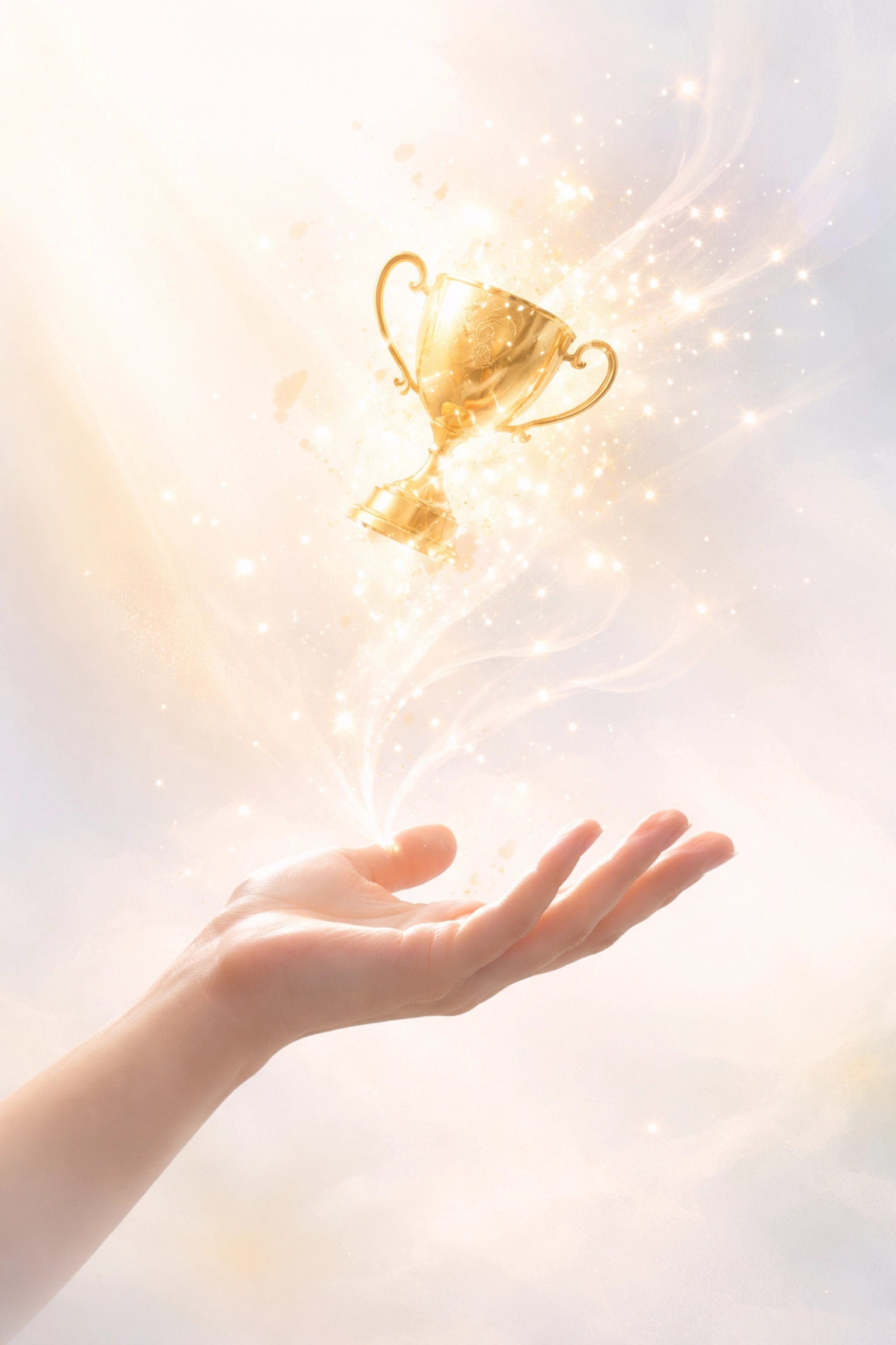 Hand releasing a trophy symbolizing finding peace beyond worldly achievement