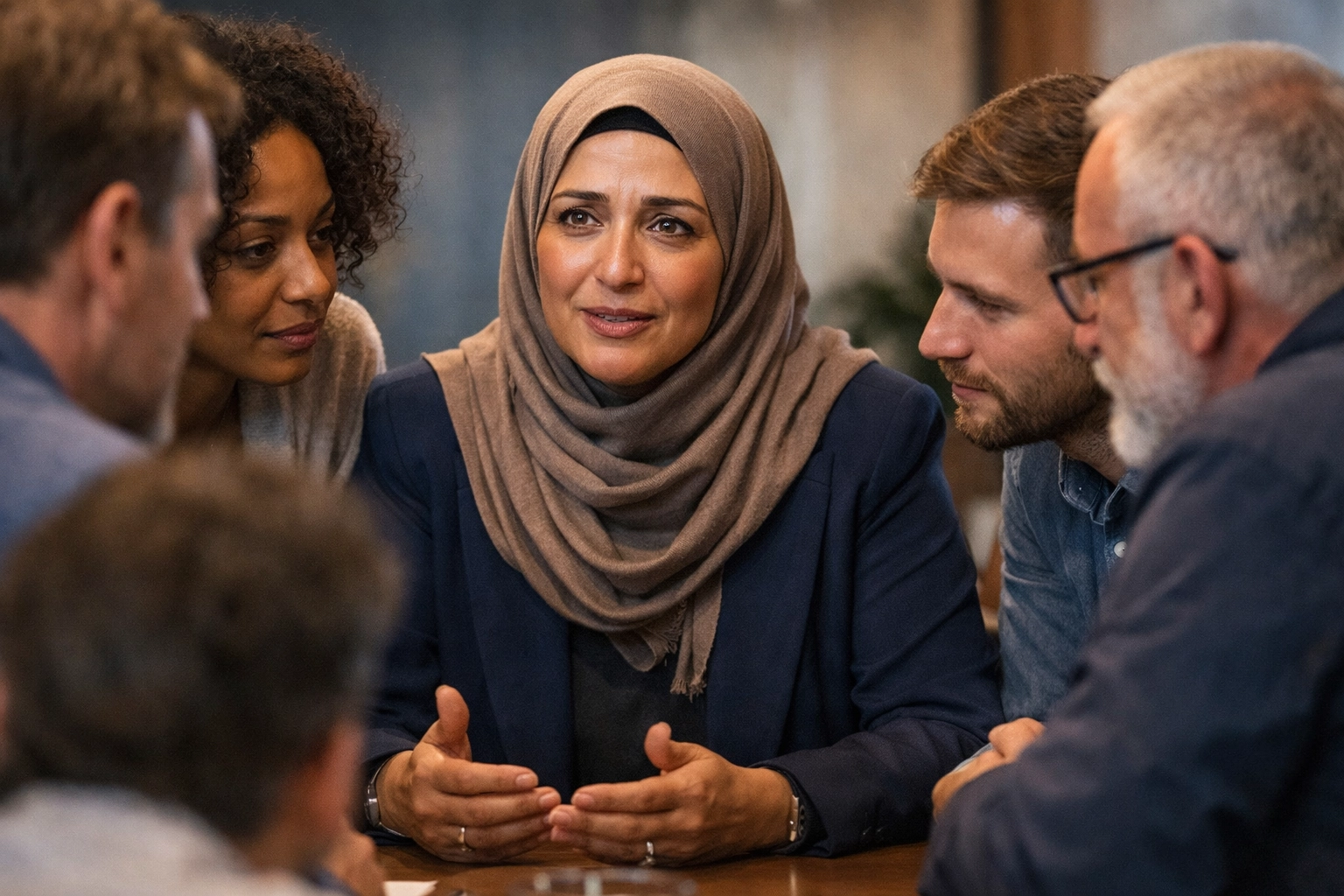 Leader demonstrating vulnerability and trust while navigating change with diverse team