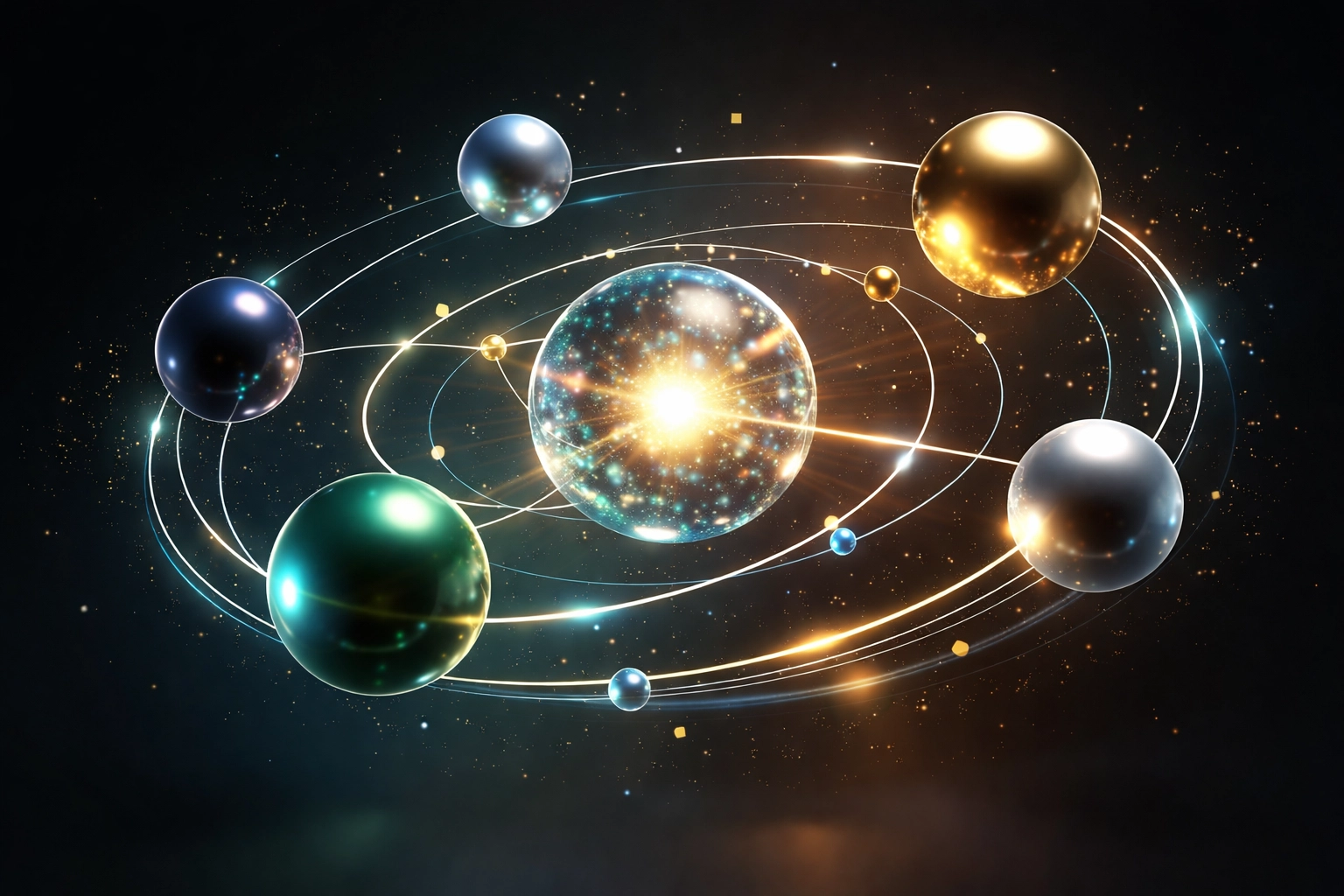 Abstract visualization of a diversified investment portfolio with connected spheres representing different asset classes