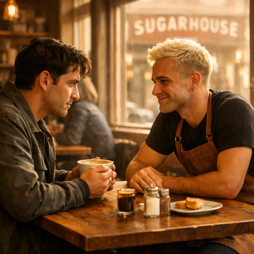 Two gay men connecting over coffee in Salt Lake City MM romance moment