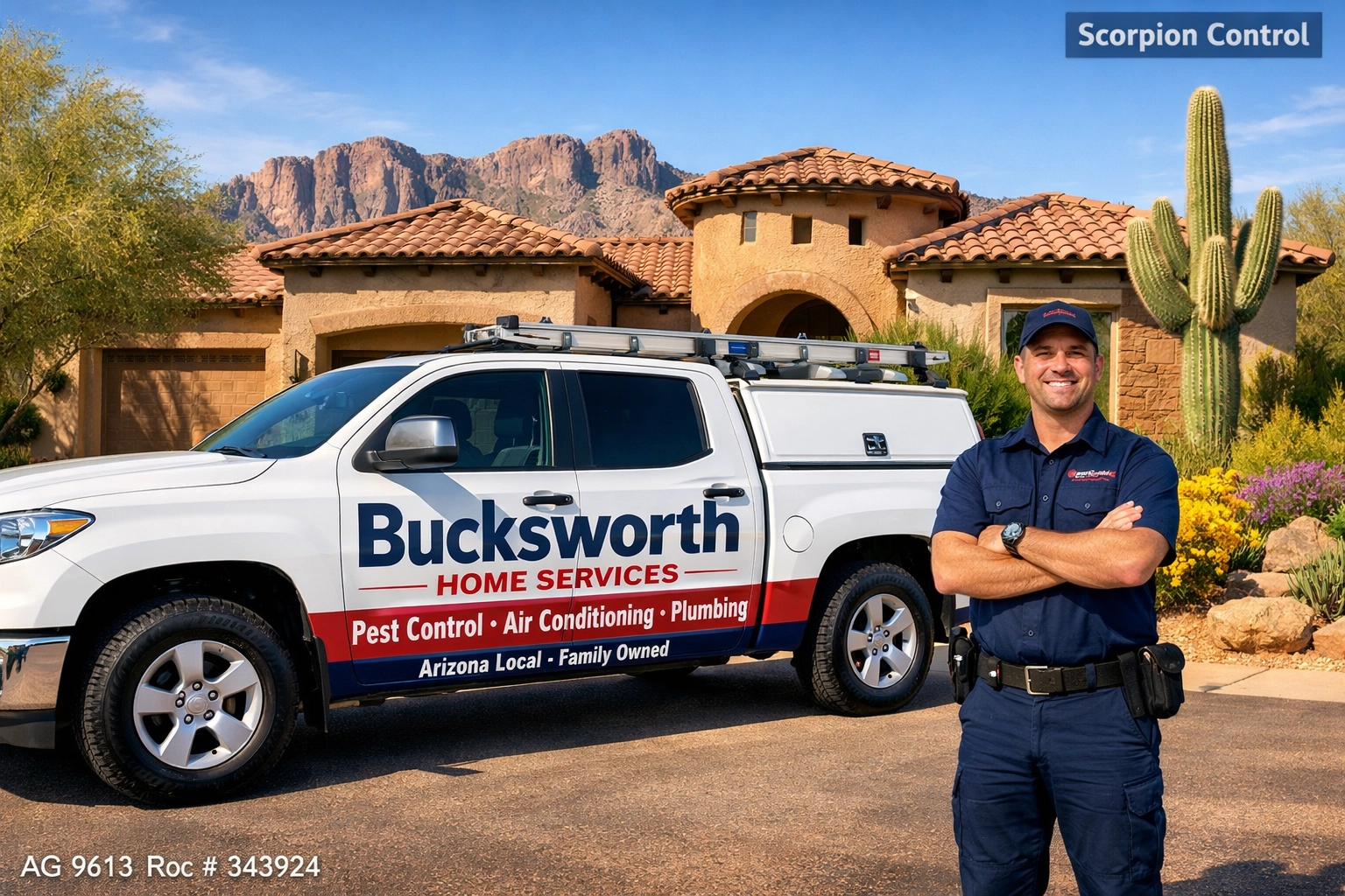 Bucksworth Home Services truck parked in a Gold Canyon driveway for local scorpion control services.