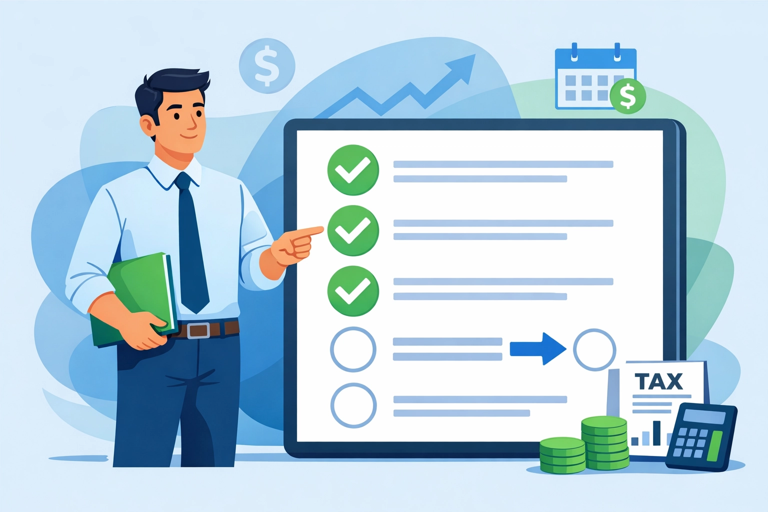 Tax professional character with a completed checklist for virtual filing success.