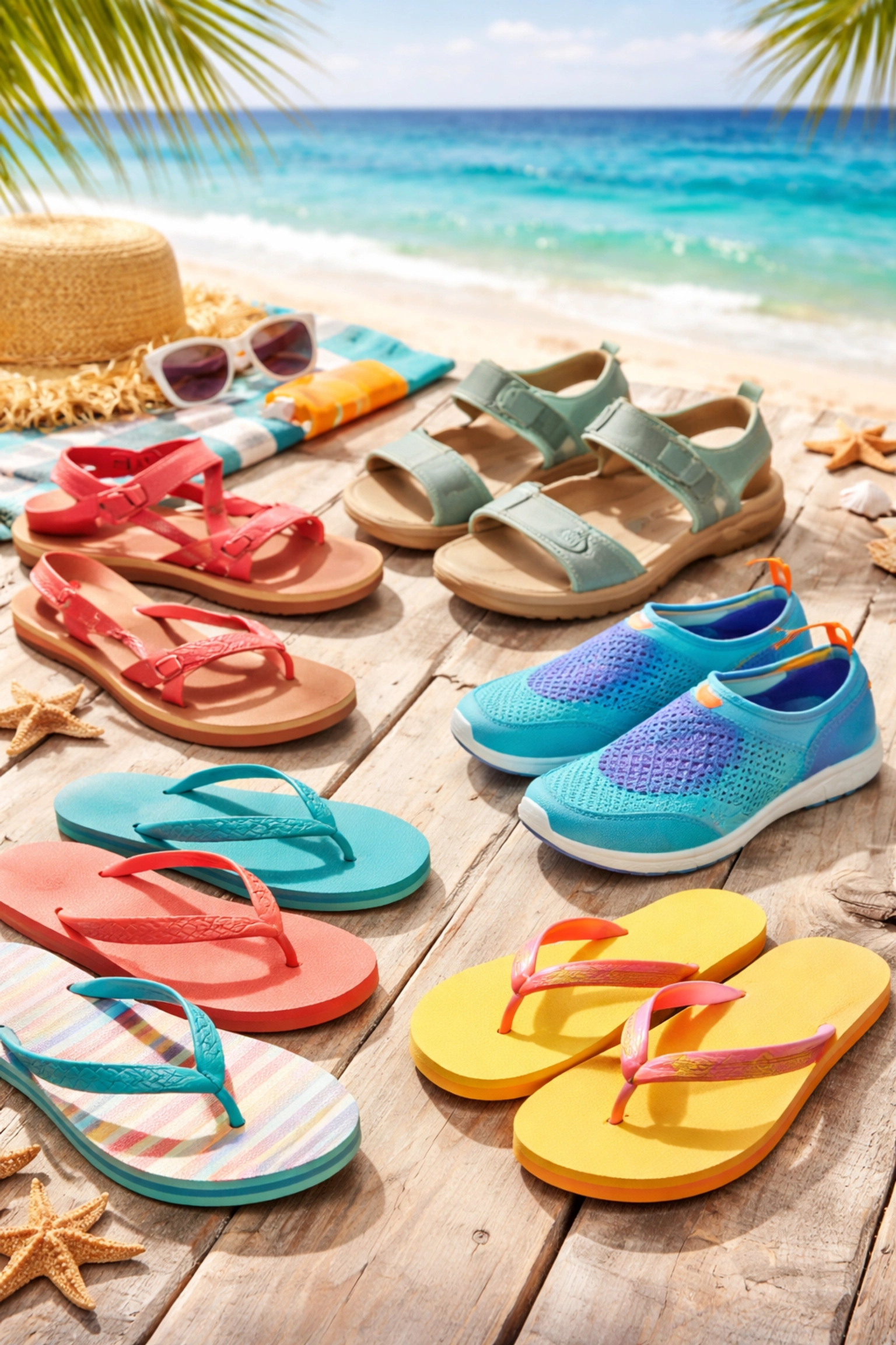 Assorted summer footwear including flip-flops, sandals, and water shoes by a tropical Puerto Vallarta beach