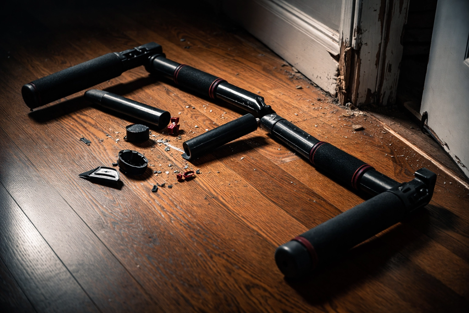 Broken doorway pull-up bar and damaged door frame showing the pitfalls of cheap home gym equipment