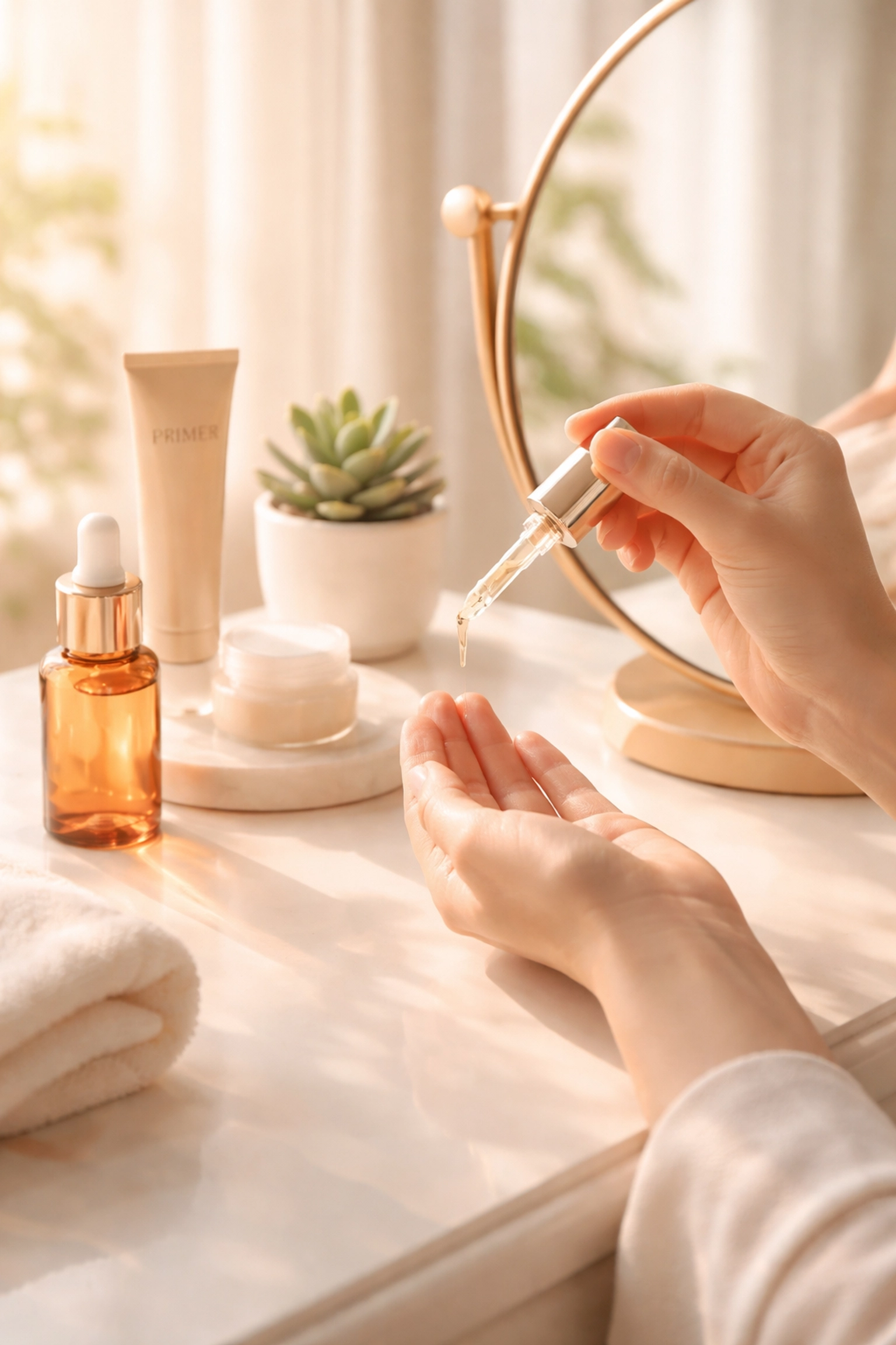 Woman applying copper peptide serum and blurring primer at a bright vanity for radiant, healthy skin