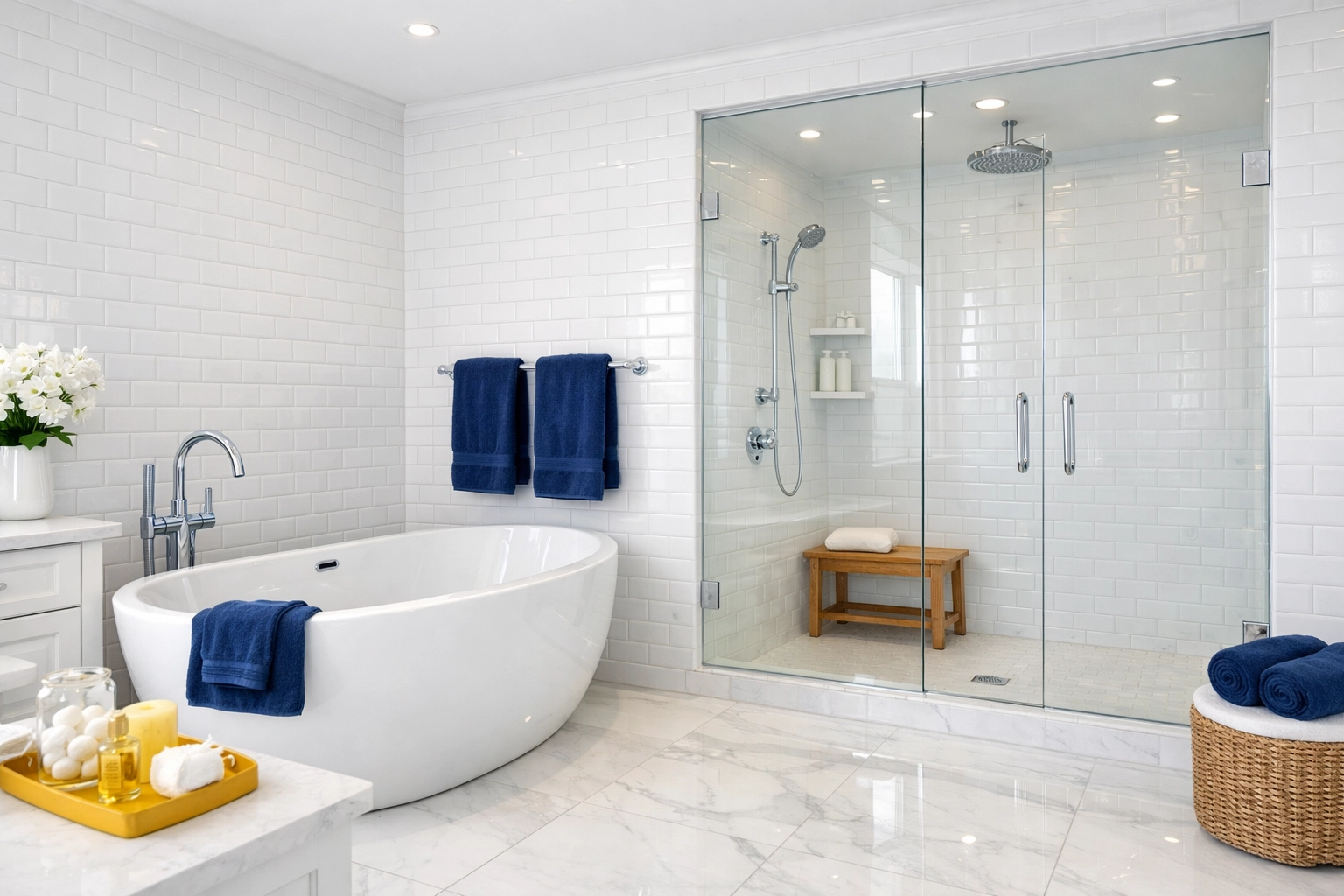 Deep residential cleaning Massachusetts in a luxury bathroom with streak-free glass and tile.