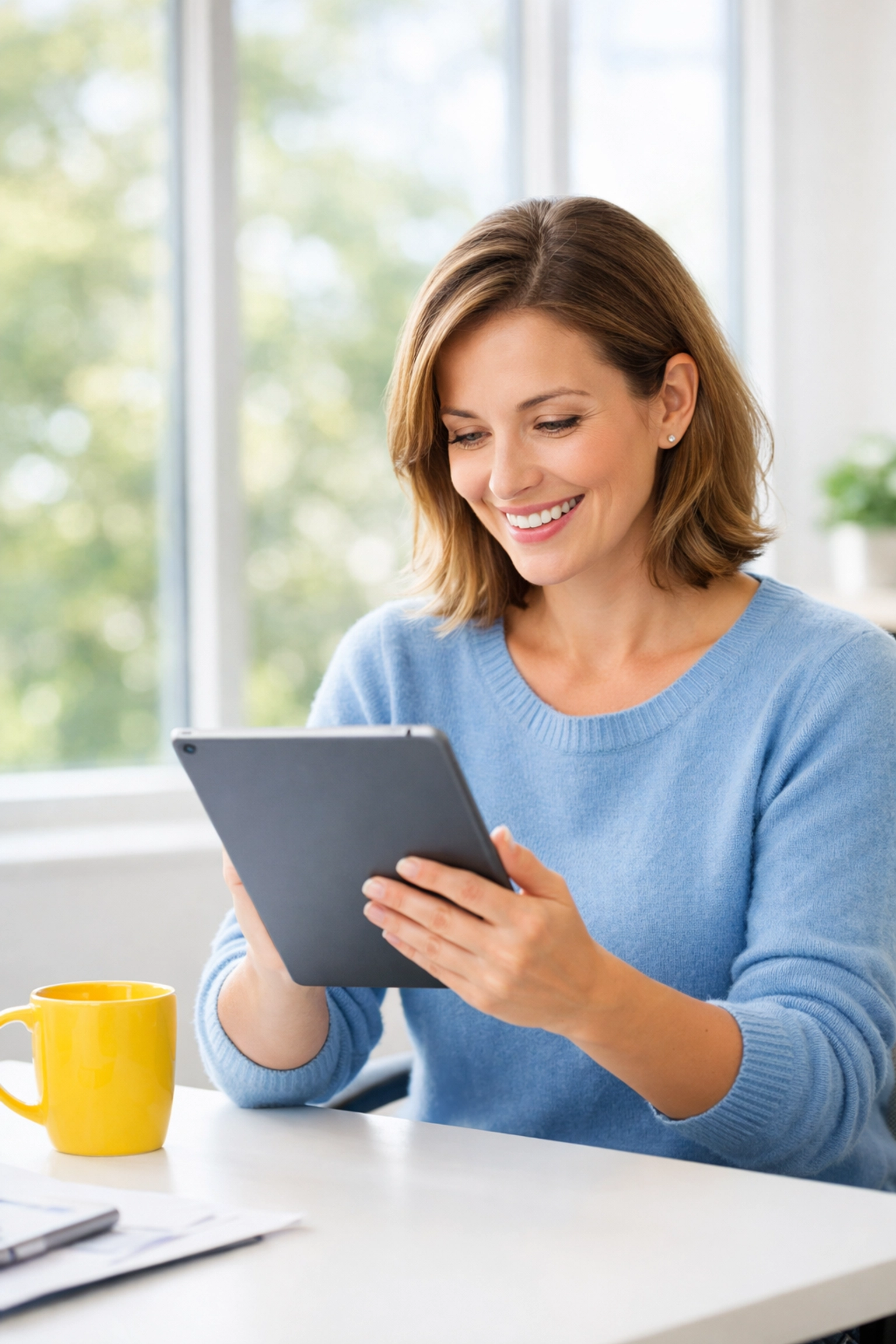 Nonprofit professional discovering donor behavior insights using AI on a tablet in a modern office setting.