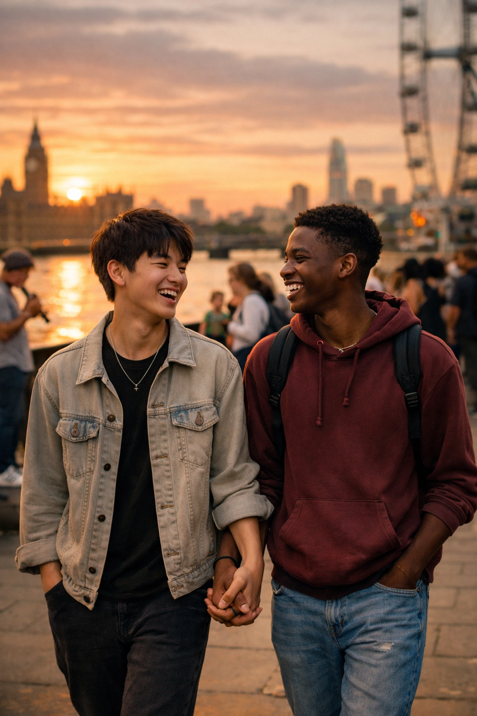 Two gay teens holding hands along London's South Bank at sunset showing LGBTQ+ visibility