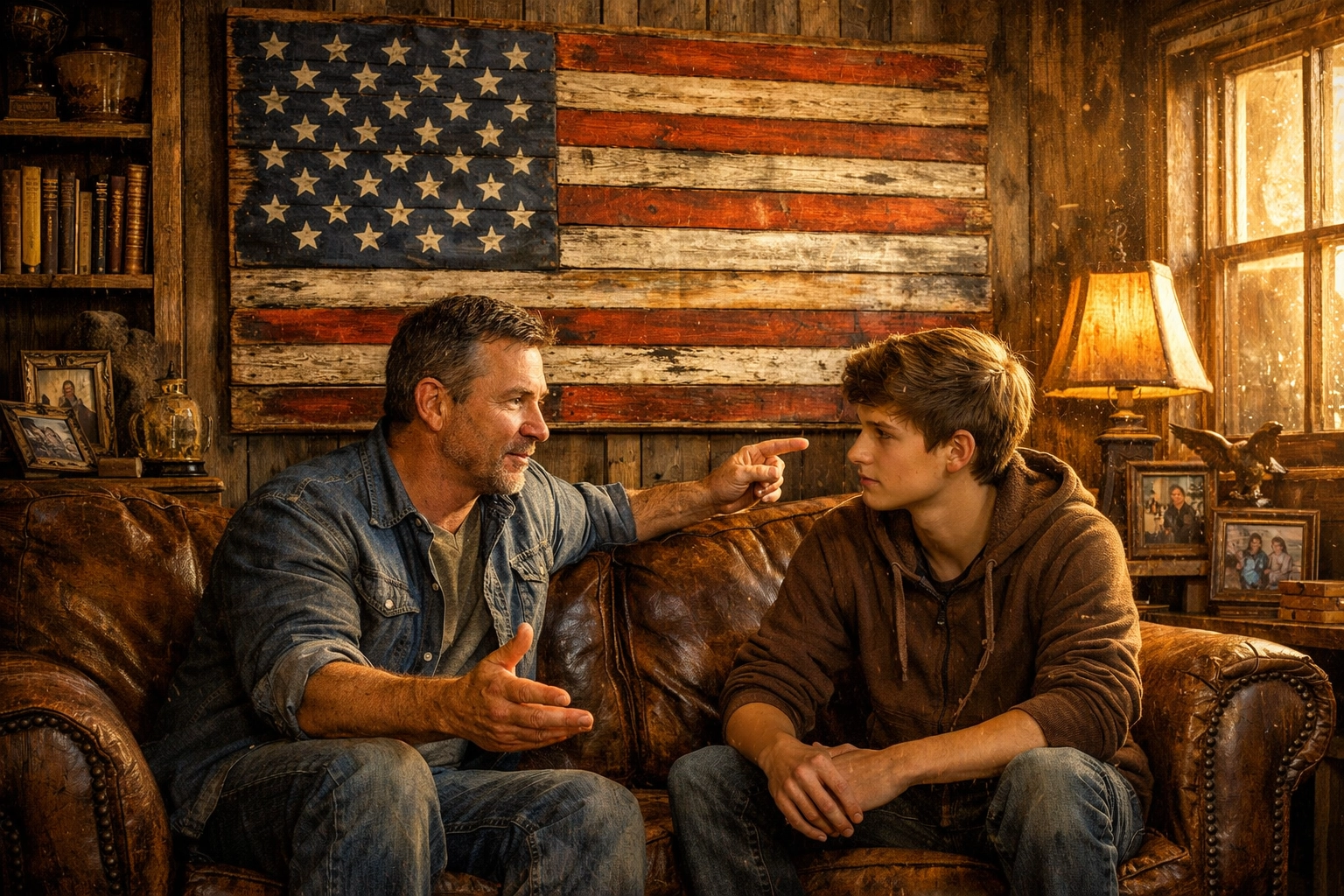 Father and son discussing patriotic values beneath handcrafted wooden American flag at home