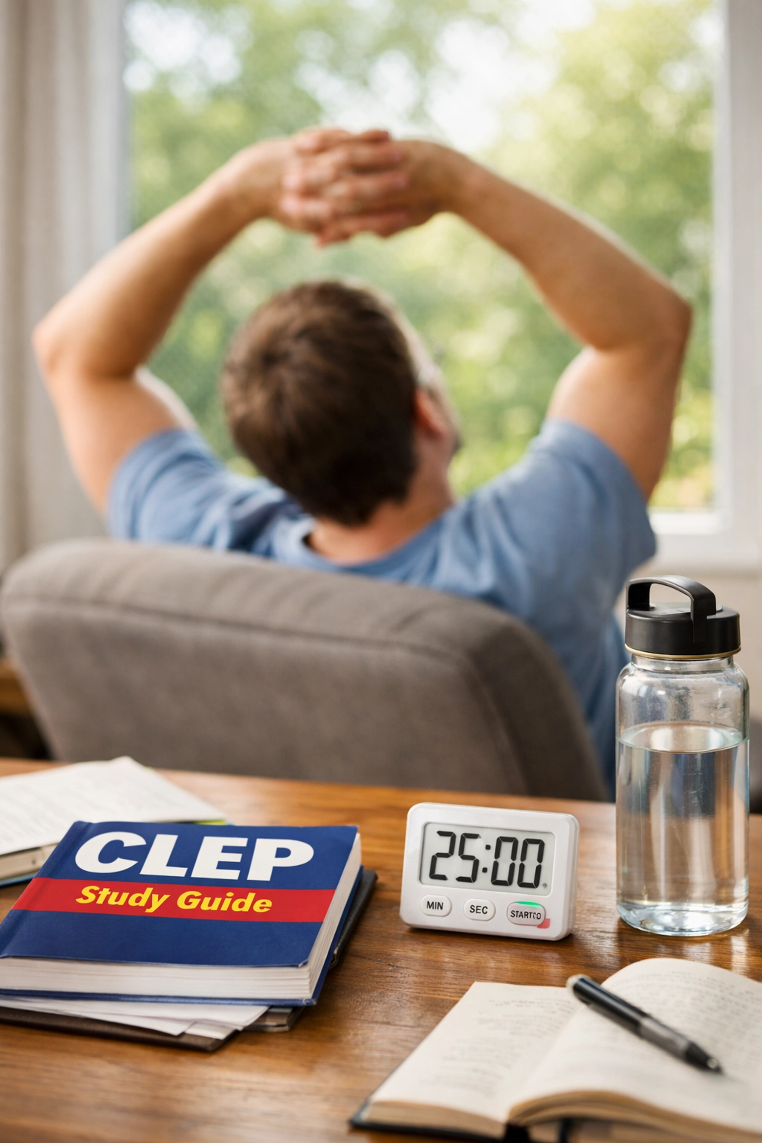 Student taking study break while preparing for CLEP exam using Pomodoro technique