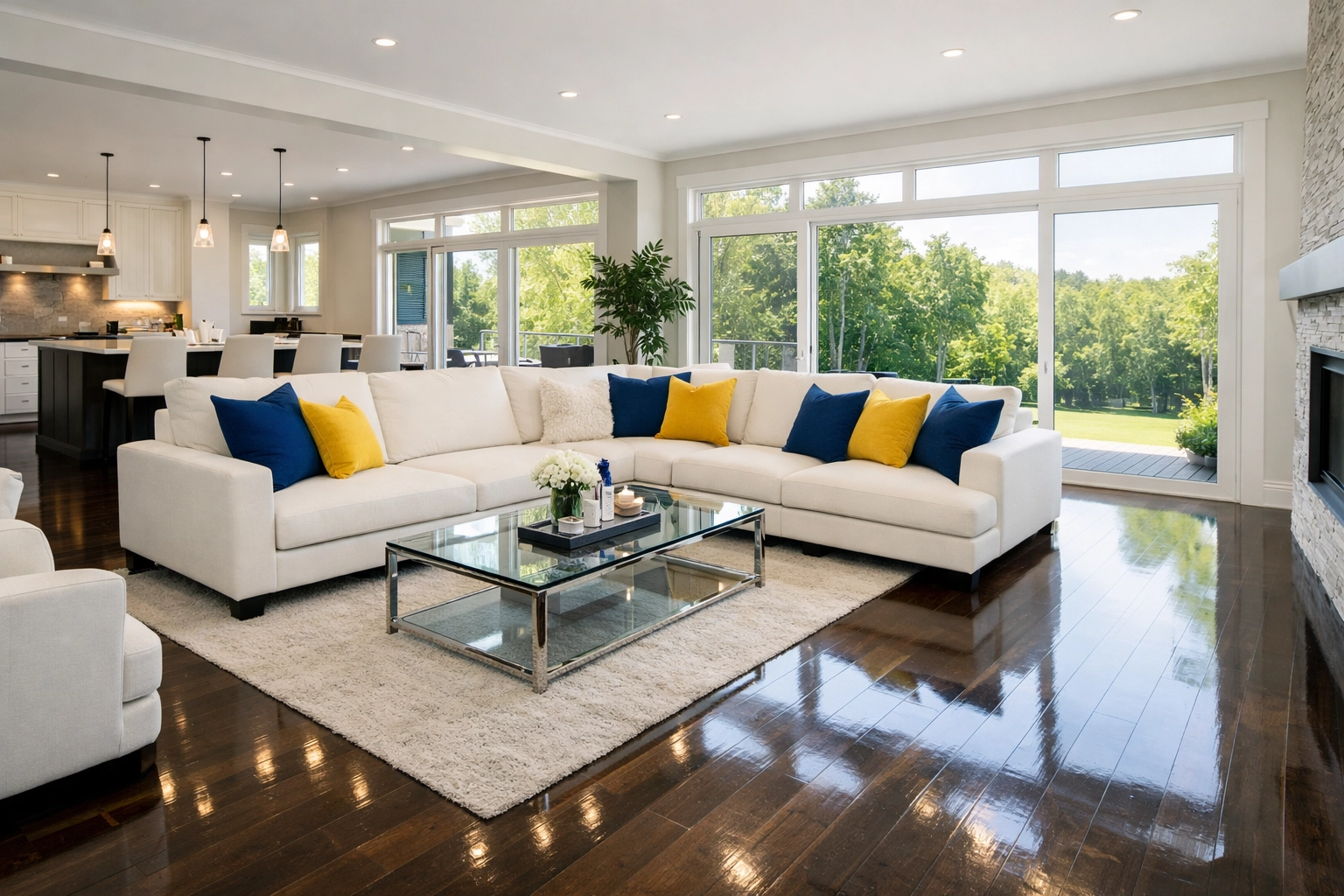 Spotless modern living room with gleaming floors after a professional house cleaning service in Ashburnham MA.
