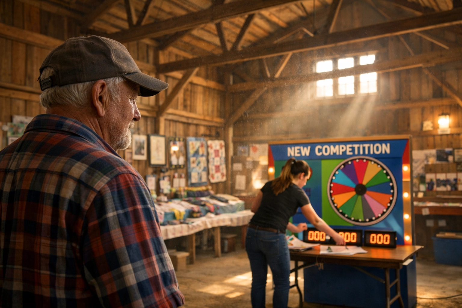 Generational leadership transition as a senior member observes a junior board lead at a community fair.