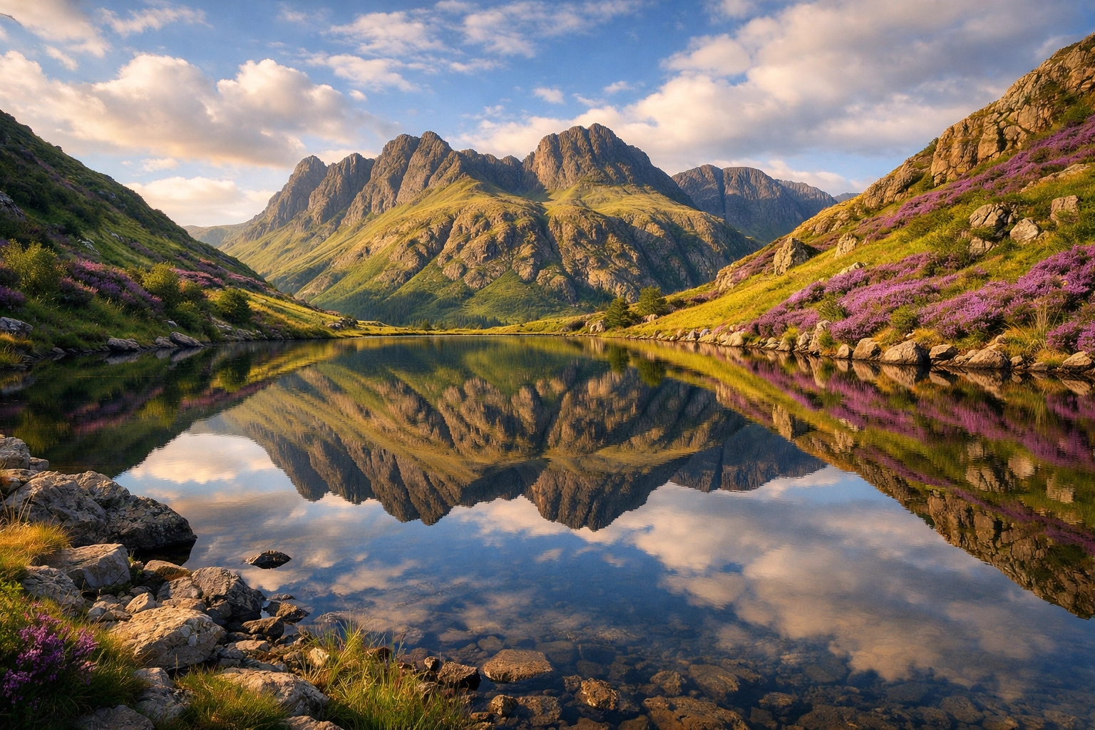 Scenic view of the Langdale Pikes reflected in a clear mountain tarn surrounded by green hillsides.
