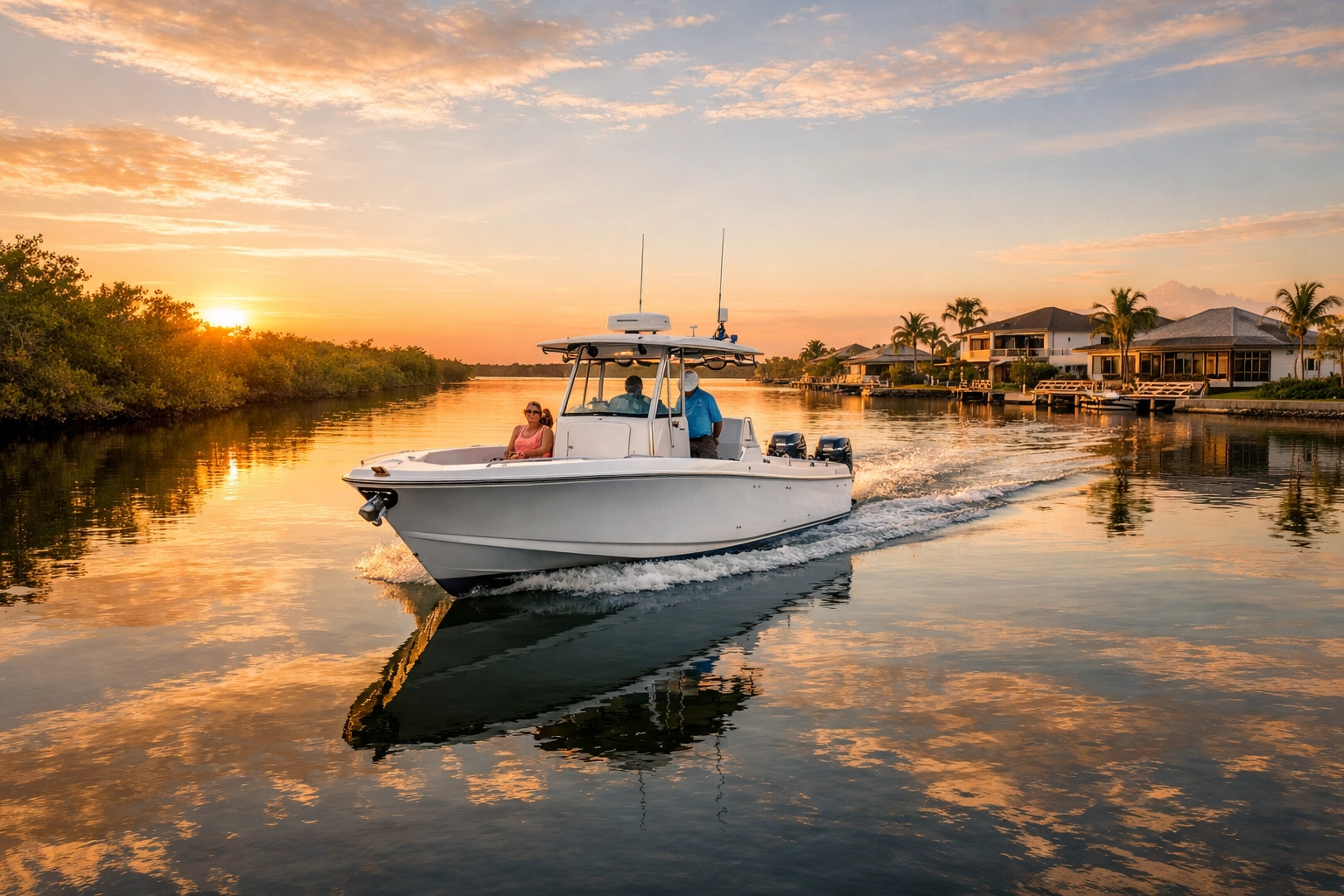 A boat cruises past newer SWFL waterfront homes in the scenic Northwest Cape Coral quadrant at sunset.