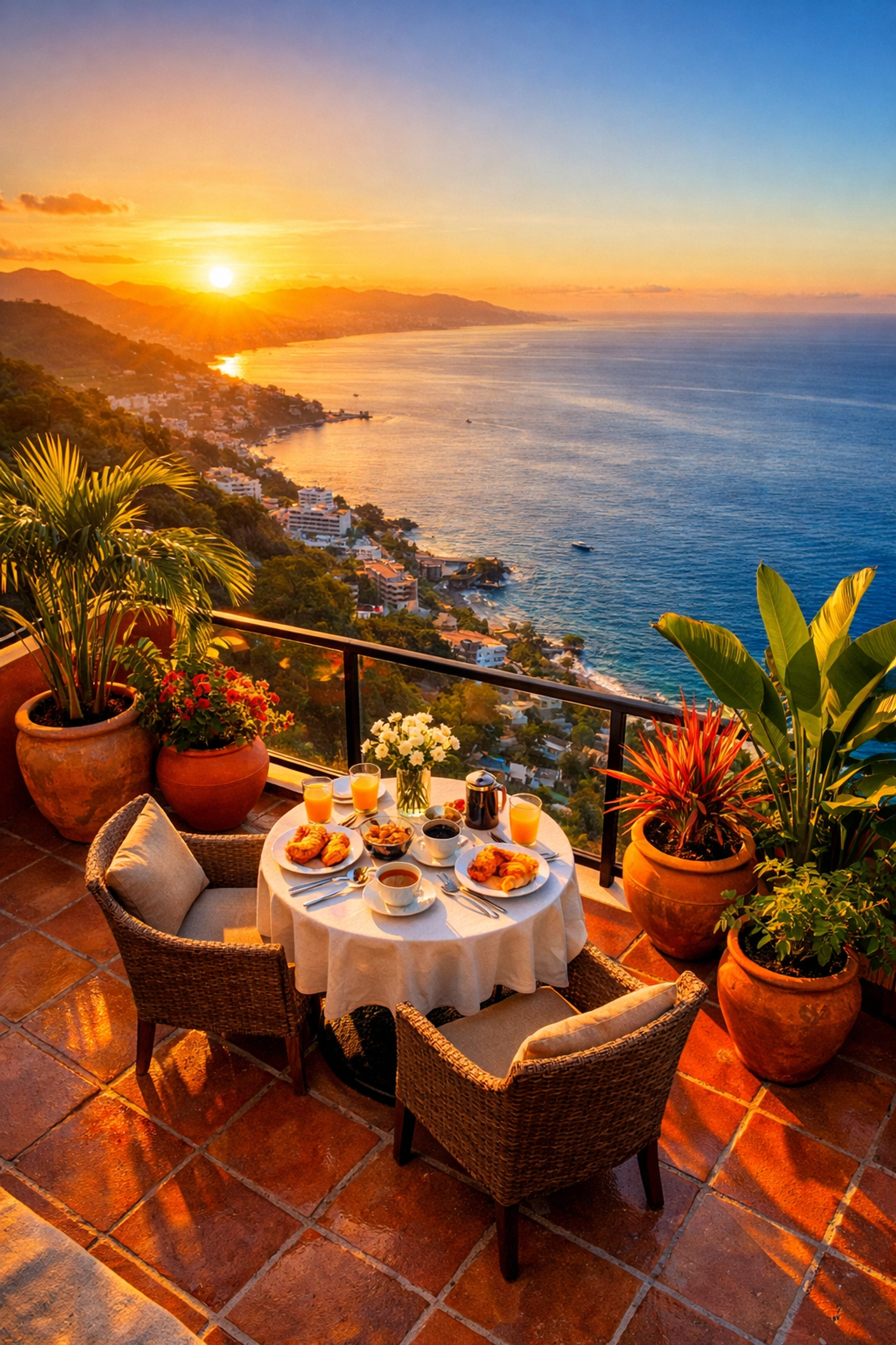 Private condo terrace in Amapas with ocean view breakfast setup for two overlooking Banderas Bay