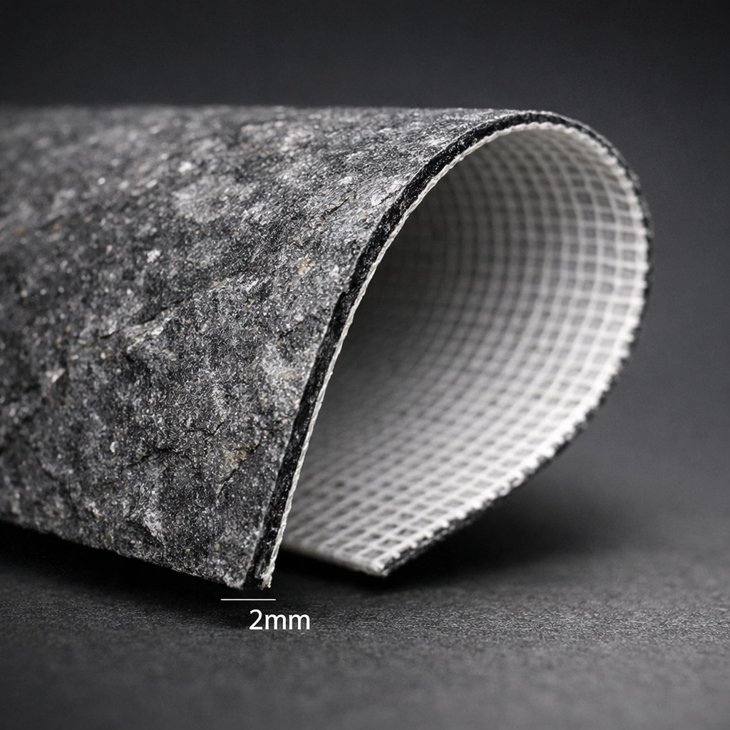 Gros plan d'un mince panneau de pierre ECO-FLEXI MCM montrant son support flexible en fibre de verre et son profil de 2 mm.