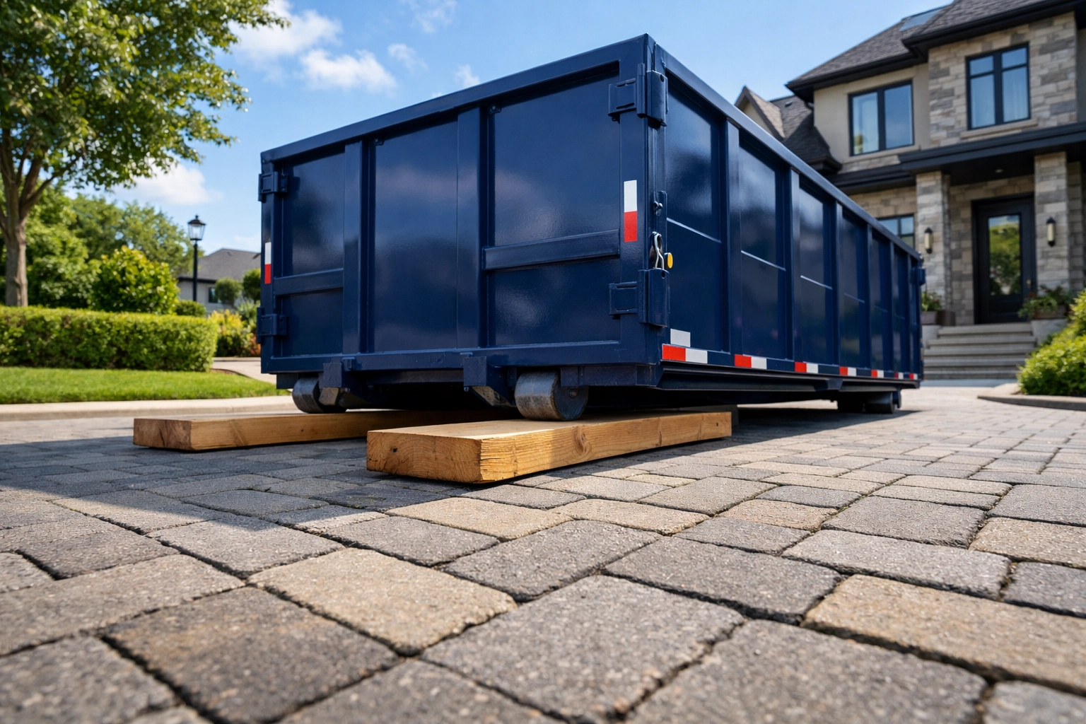 Driveway-safe bin rental in North York using wooden planks to protect interlocking brick.