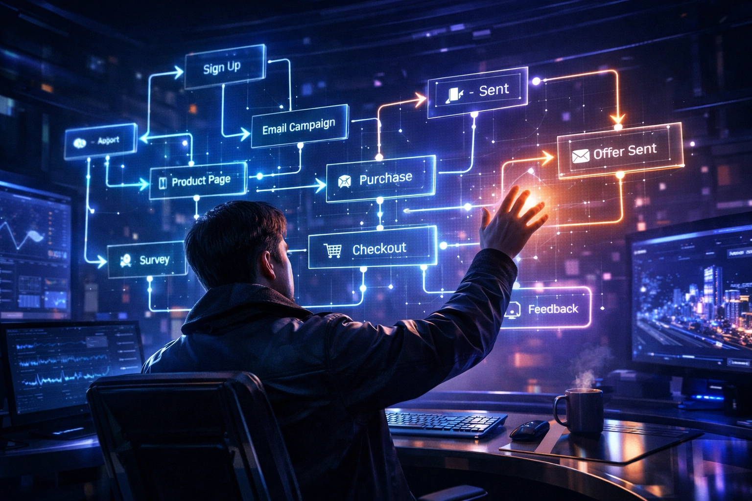 A futuristic holographic customer journey map showing automated email paths and marketing lifecycle stages.