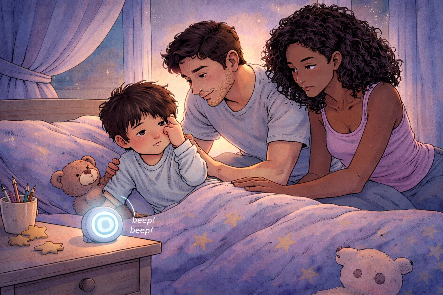 Illustration of concerned parents comforting a young child in bed during a nighttime bedwetting episode, with a glowing moisture alarm device on the nightstand. The child appears embarrassed while the parents offer reassurance and emotional support. Pediatric enuresis, bladder health support, nighttime incontinence solutions, and family-centered bedwetting intervention concept.