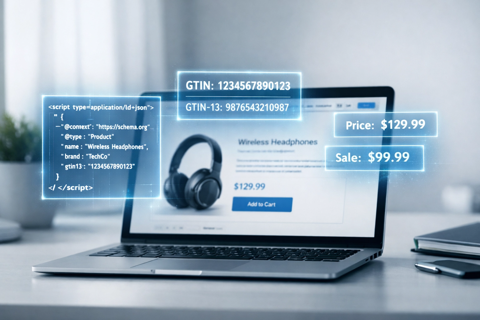 Laptop displaying ecommerce product page with structured data and Schema markup for AI agents