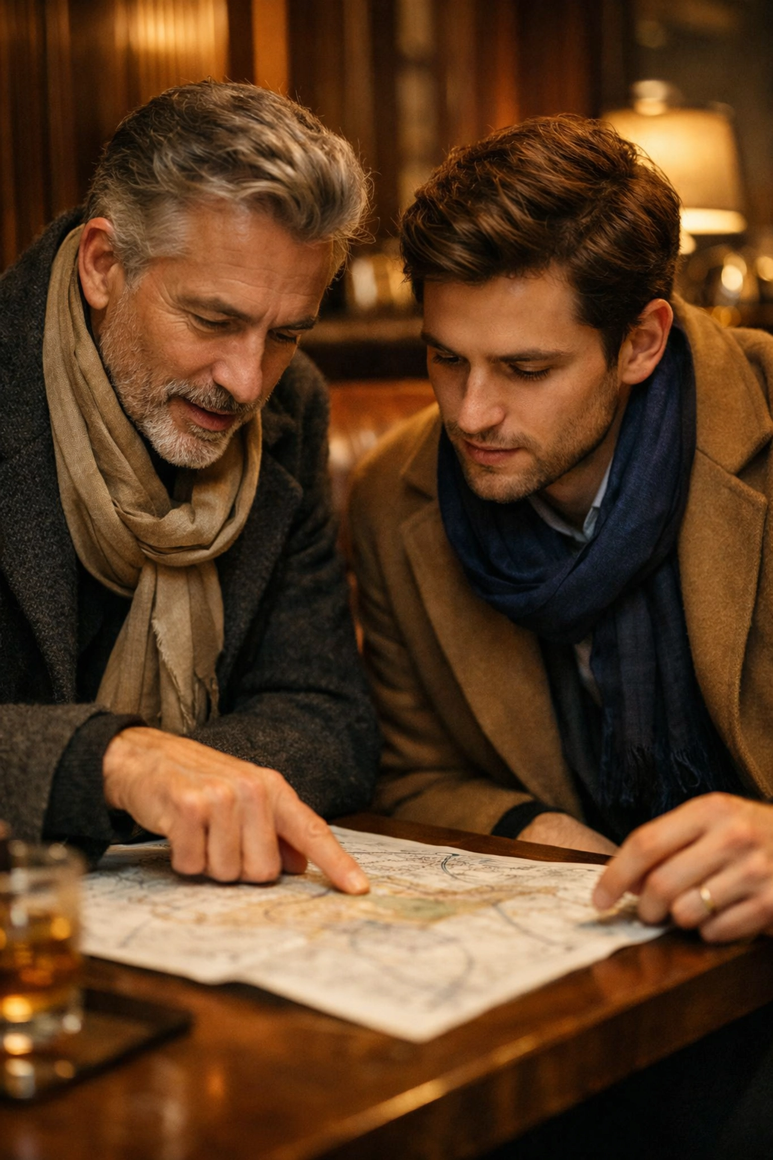 A mentor and professional discussing community legacy and the Chicago Help Initiative in a refined urban lounge.