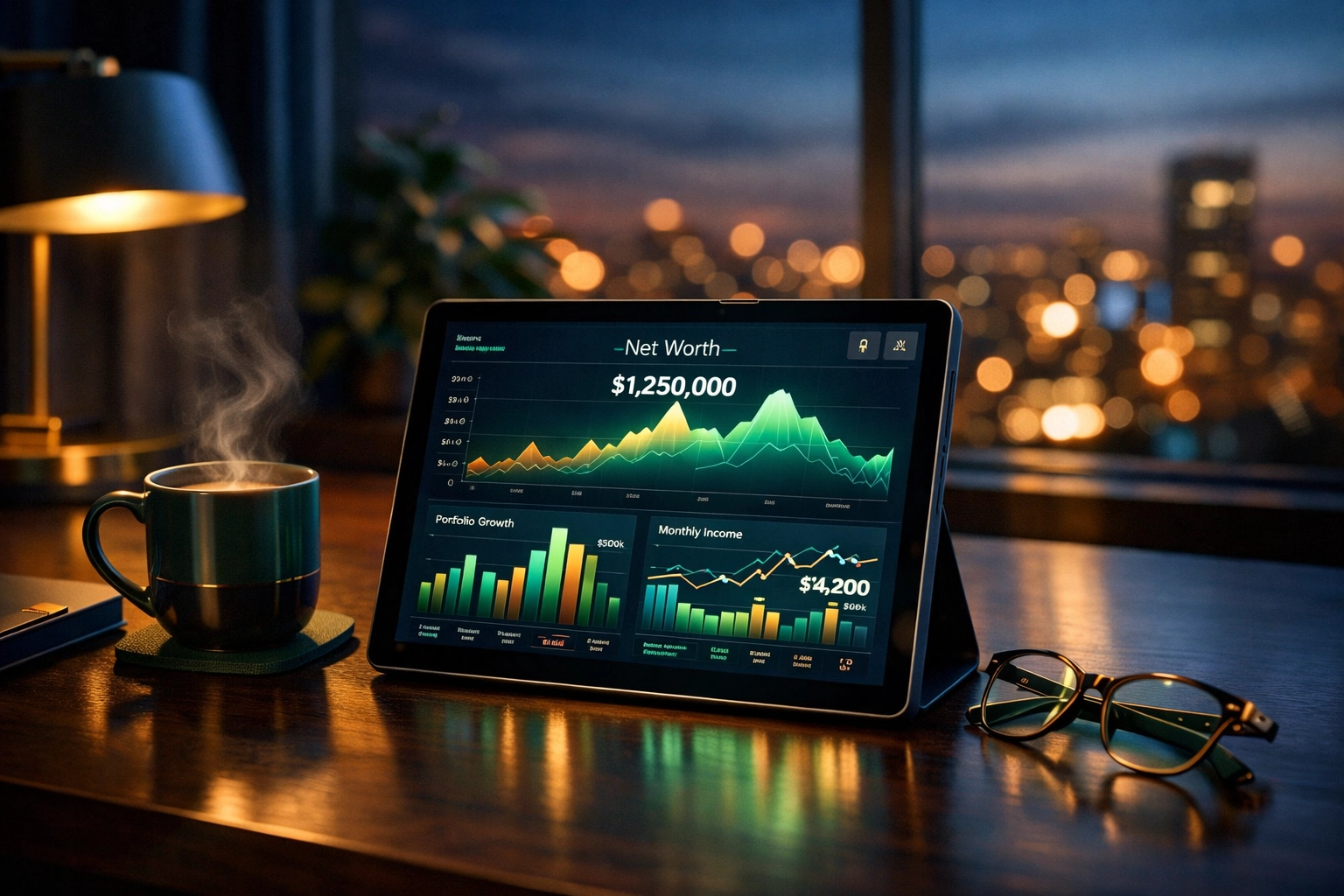 Digital financial dashboard on a tablet showing net worth and budgeting charts.