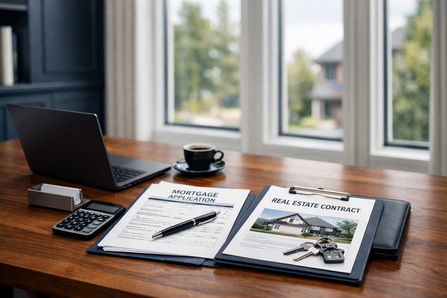 Strategic mortgage pre-approval documents and laptop in a modern Ontario home office for first-time buyers.