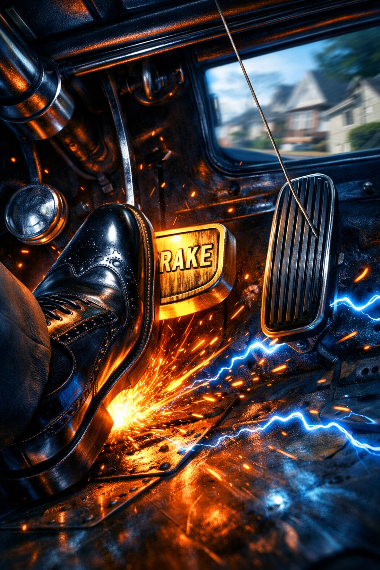 A foot slamming on car brakes, symbolizing the Federal Reserve raising interest rates and cooling the economy.