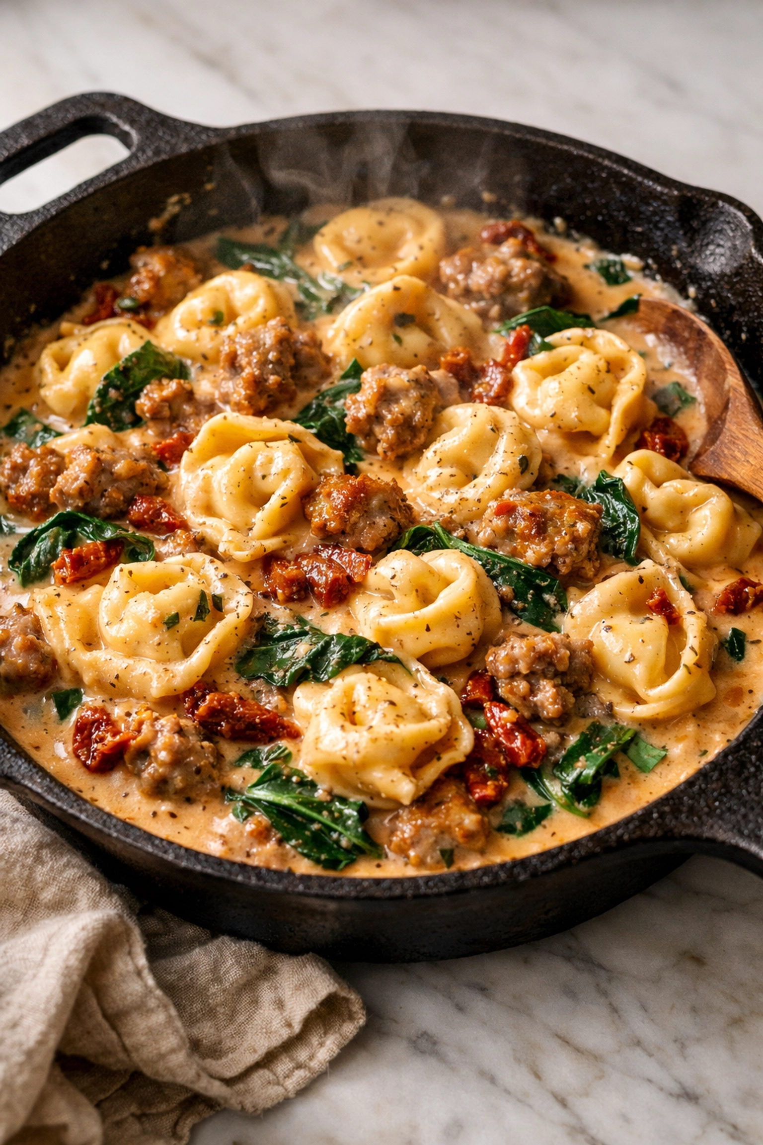 Creamy Italian sausage tortellini with sun-dried tomatoes - easy 5 ingredient weeknight dinner