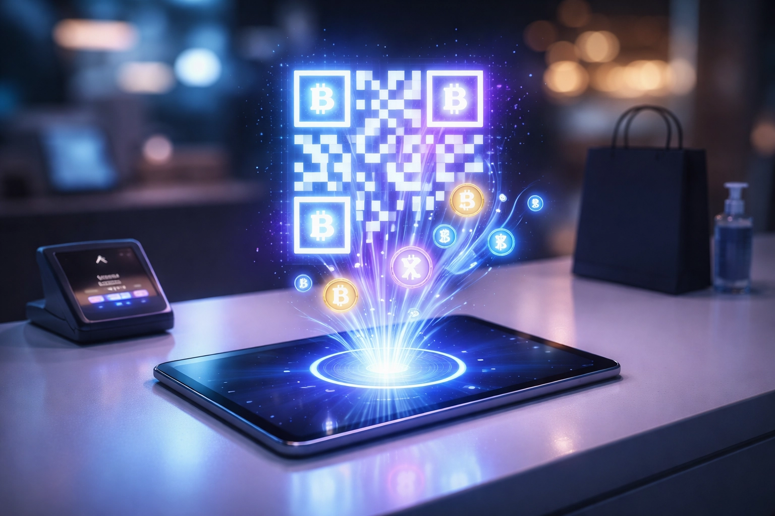 Retail checkout counter with QR code and crypto symbols, illustrating innovative crypto POS payments