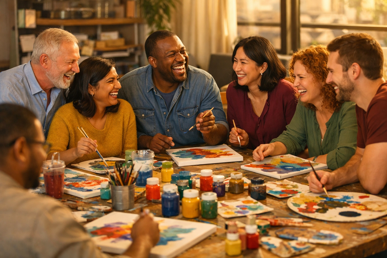 Diverse corporate team laughing and creating together at collaborative art table